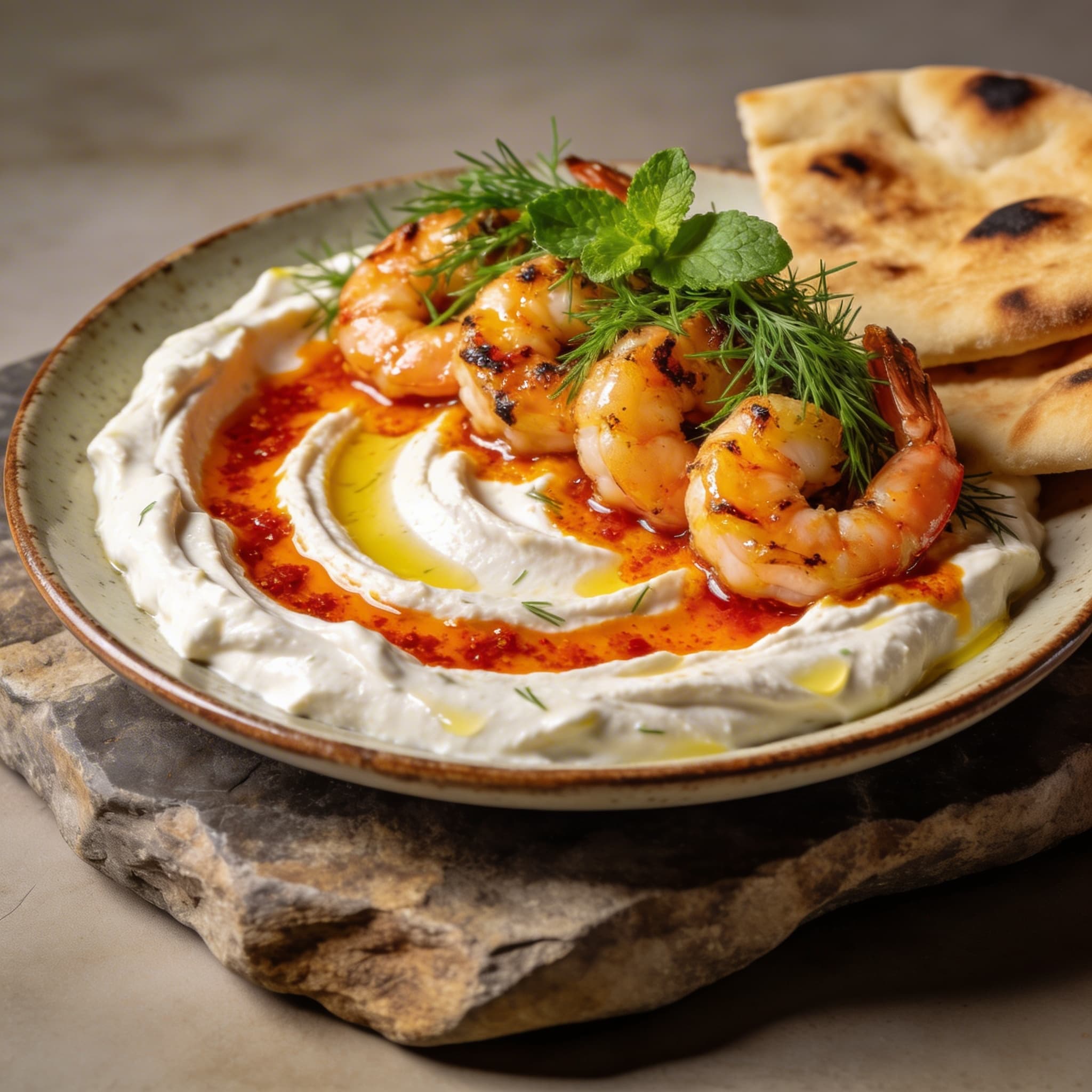 Sizzling Aleppo Shrimp over Lemon-Garlic Labneh