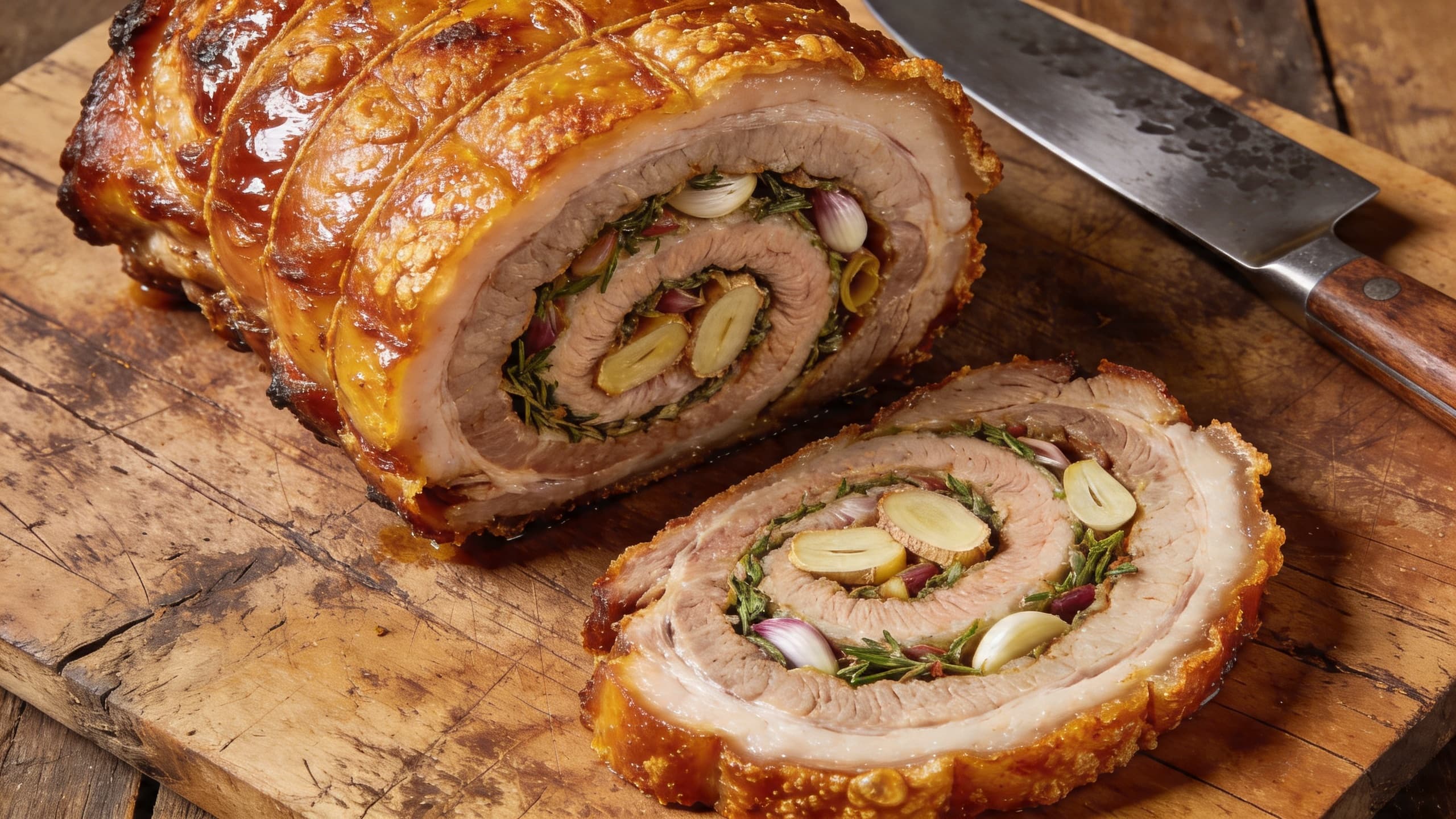 Image 2: Sliced porchetta showing the herb-swirled center
