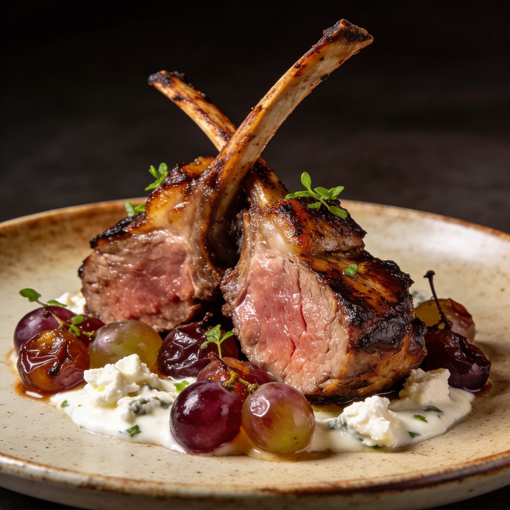 Smoked Greek Lamb Loin Chops with Blistered Grapes & Feta Crema