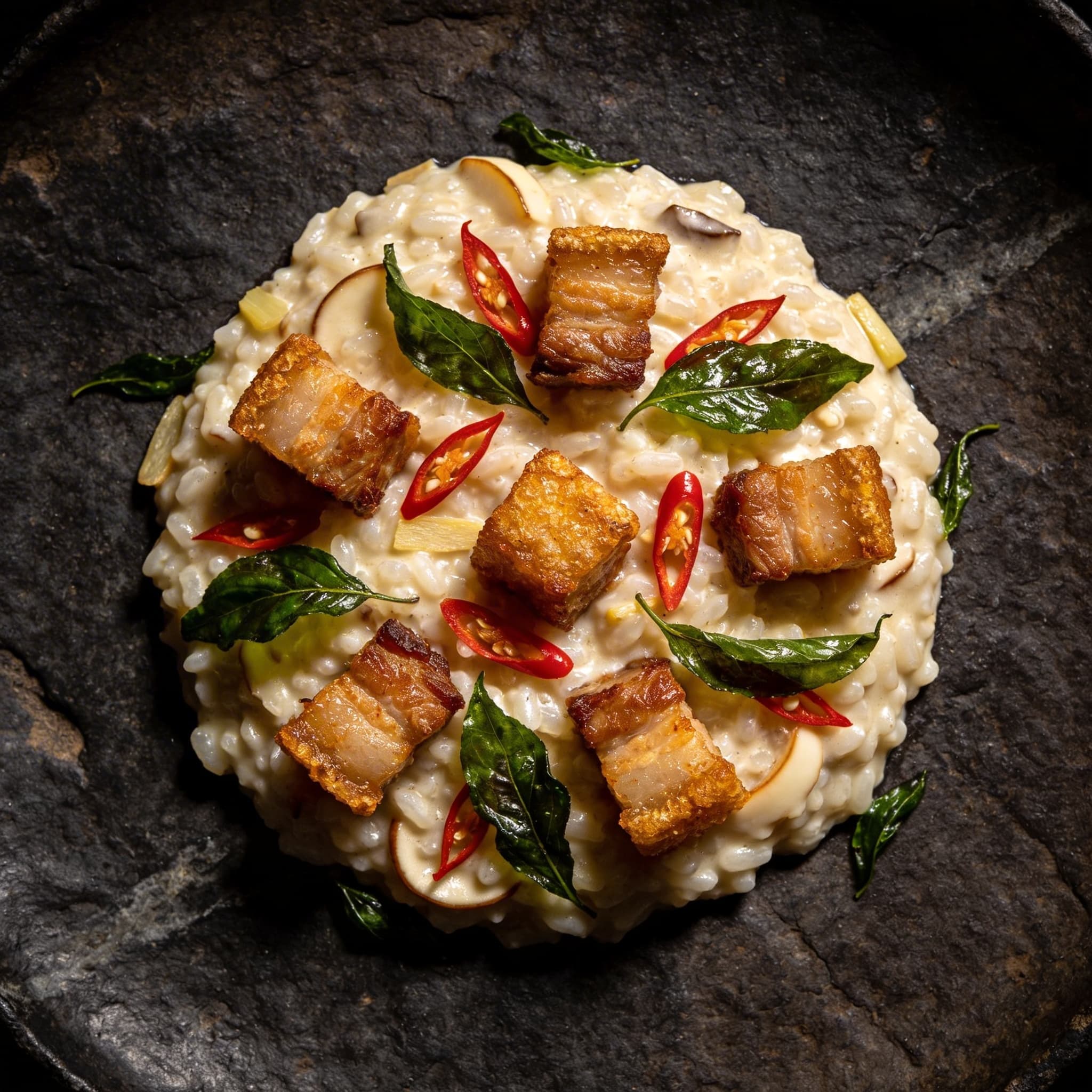 Galangal-Chili Risotto with Crispy Pork Belly and Holy Basil