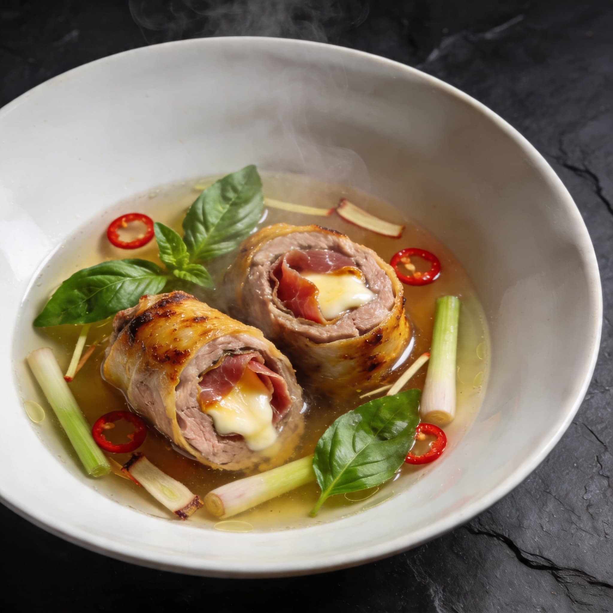 Smoked Mozzarella-Stuffed Veal Rolls in Lemongrass Brodo
