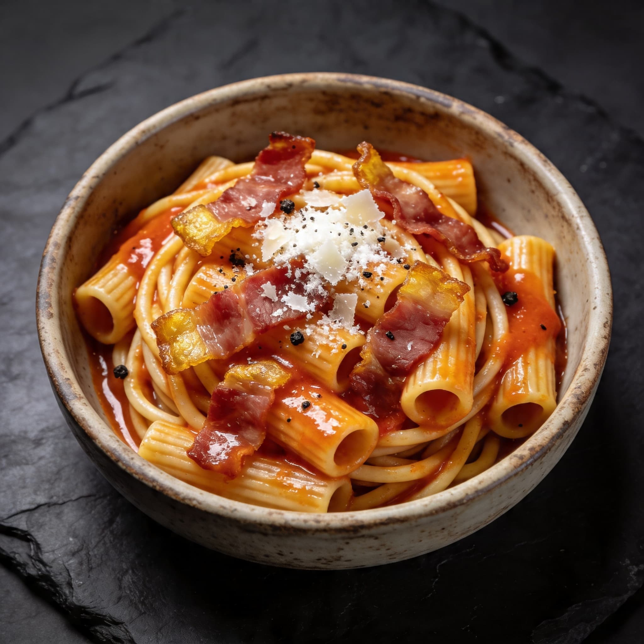 Bucatini all'Amatriciana with Smoked Guanciale and Brazilian Dendê Oil