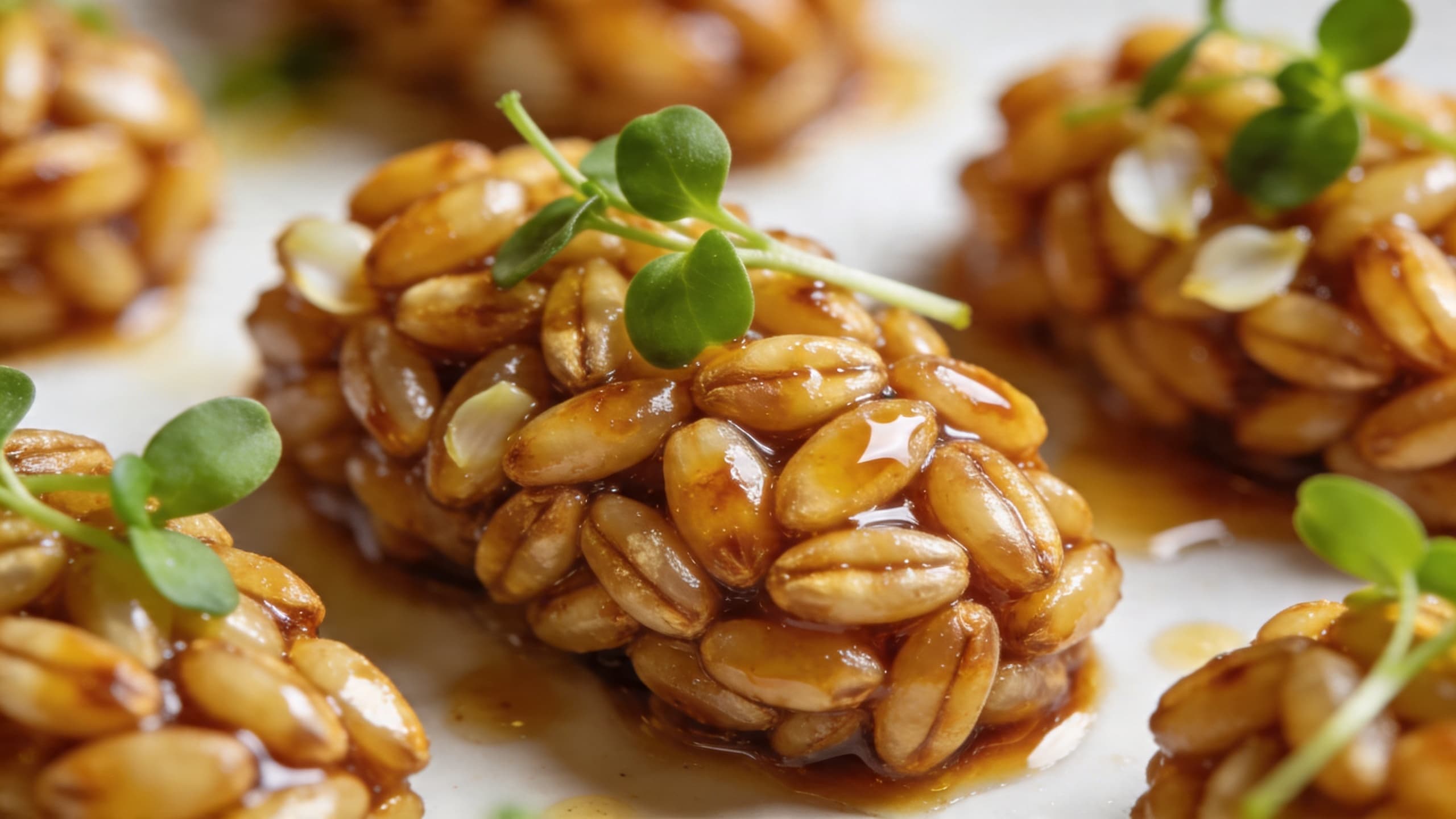Macro shot of individual toasted farro grains glistening with a light soy and garlic glaze, garnished with micro-greens.
