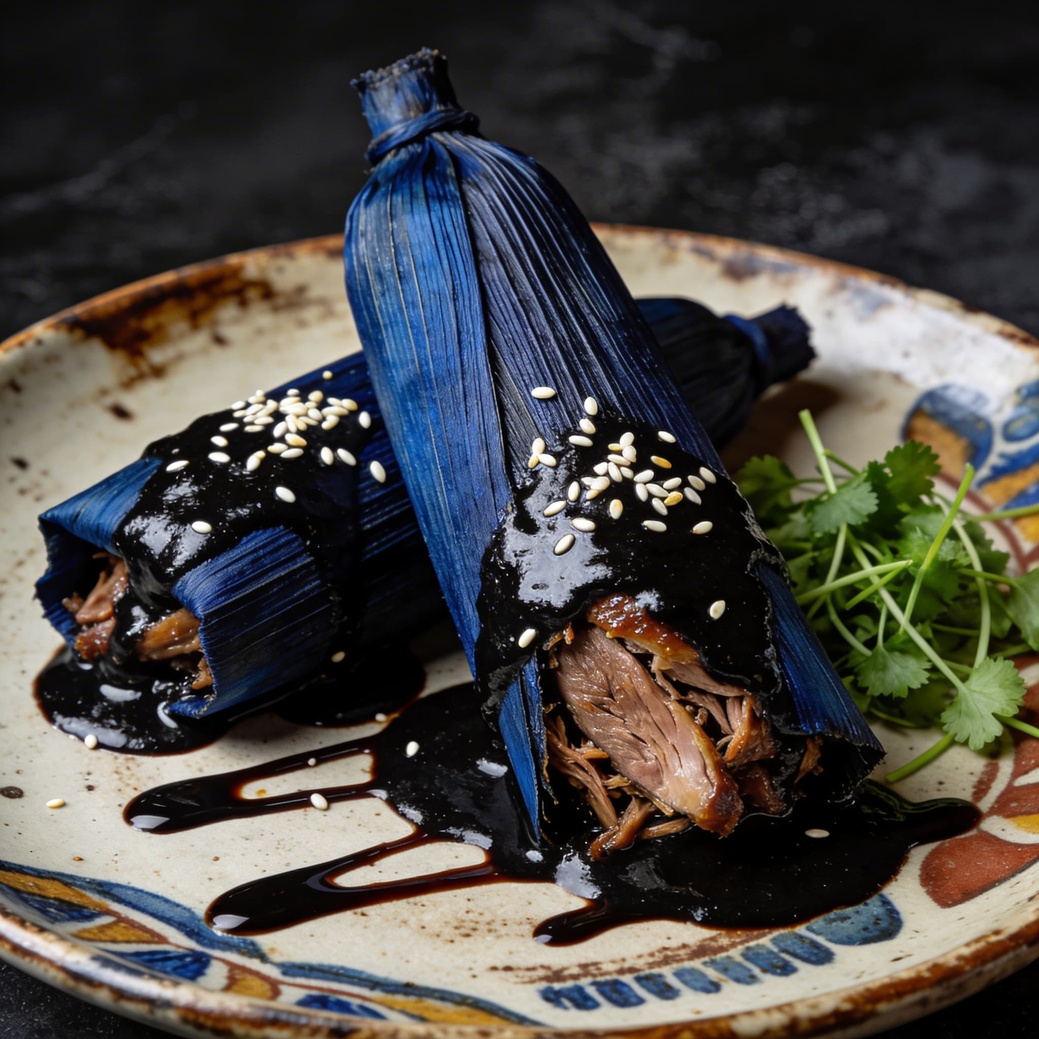 Tamales de Pato en Mole Negro with Balsamic Depth