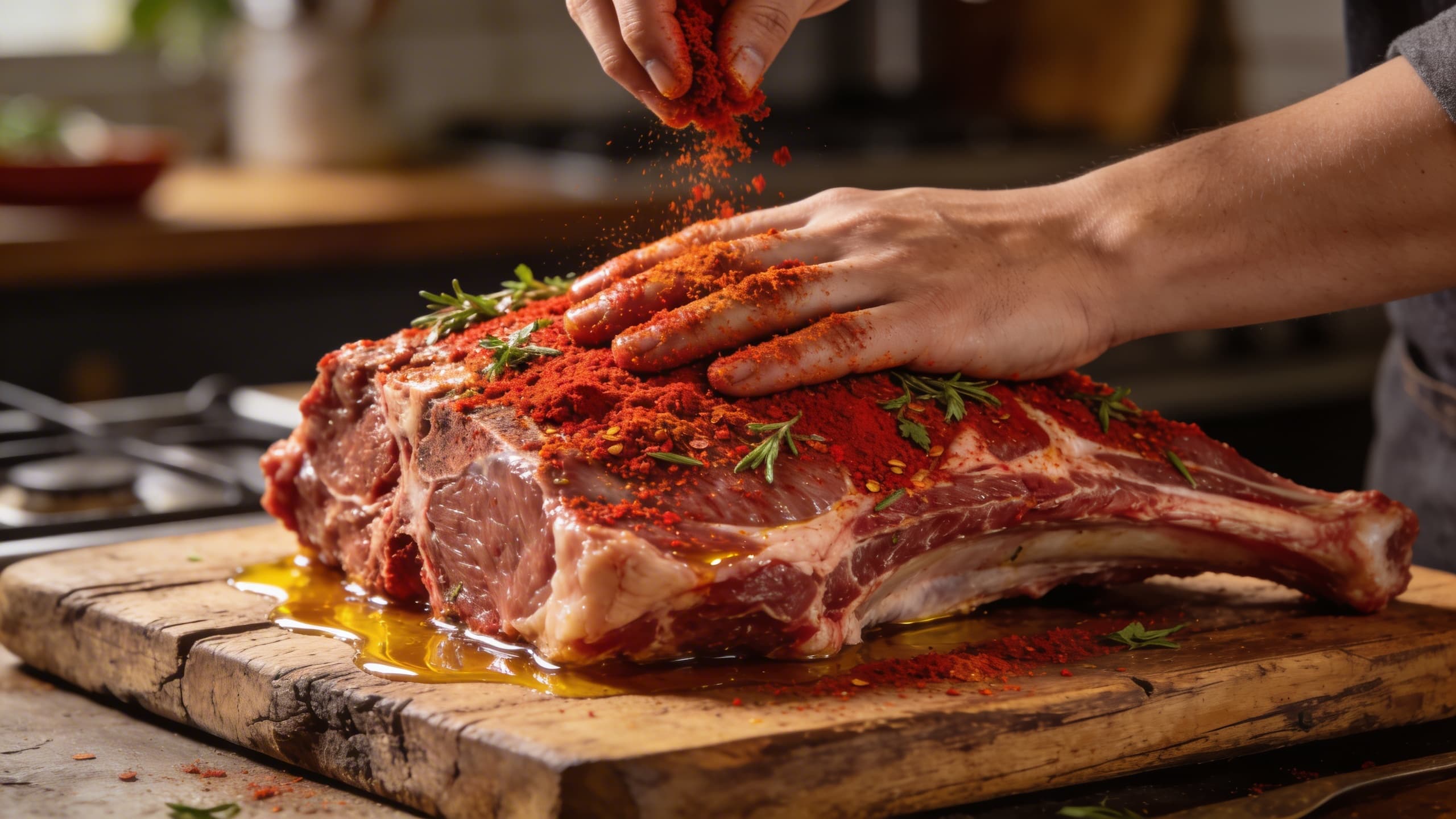 Image 1: A close-up of a vibrant red spice rub being massaged into a shoulder of lamb, with flecks of dried herbs and shimmering oil.