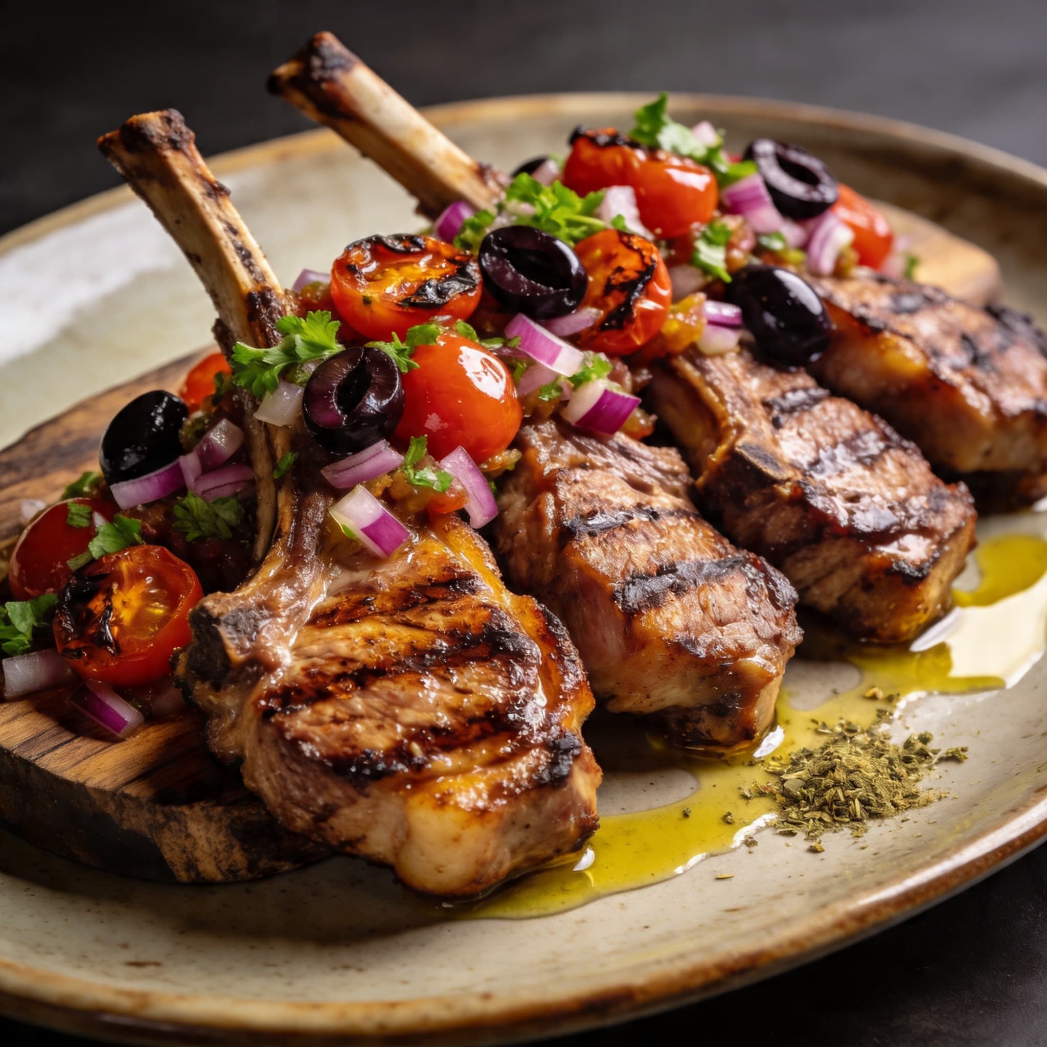 Charred Mediterranean Grilled Pork Chops with Olive Relish