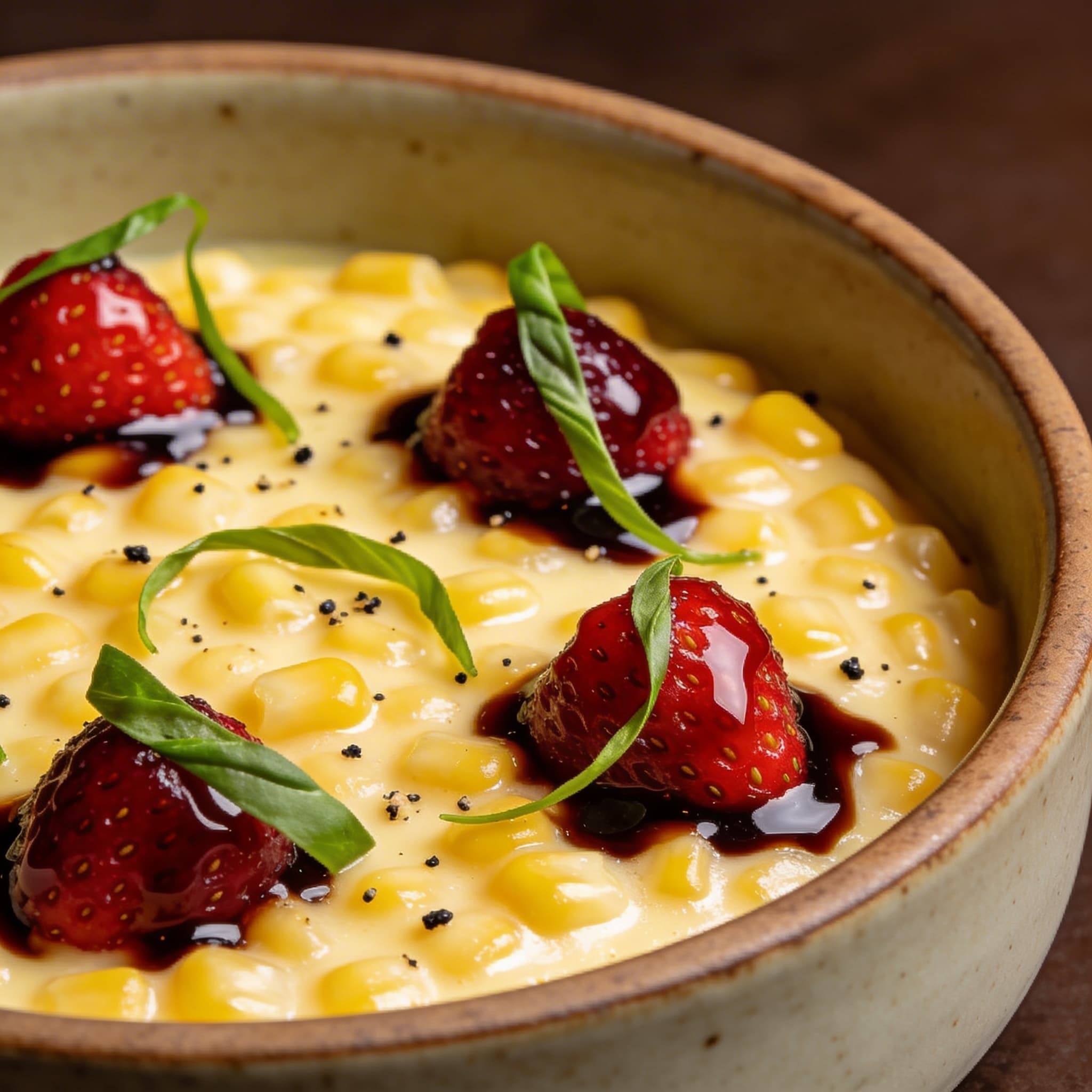 Sweet Corn Budino with Balsamic Strawberries