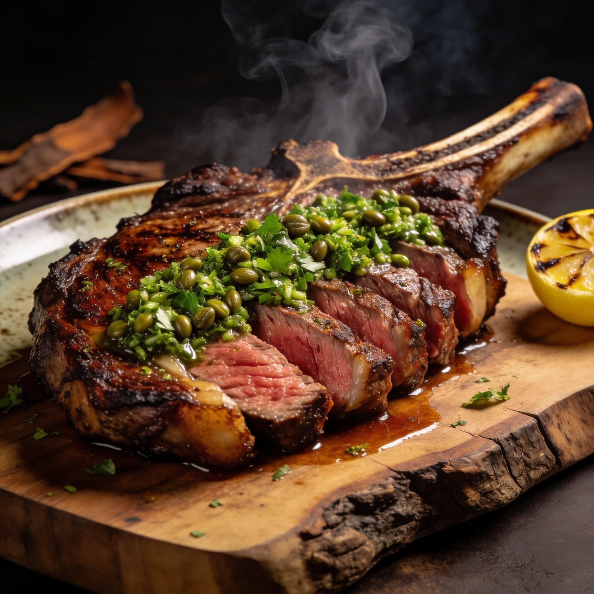 Hickory-Smoked Greek Ribeye with Caper Salsa Verde