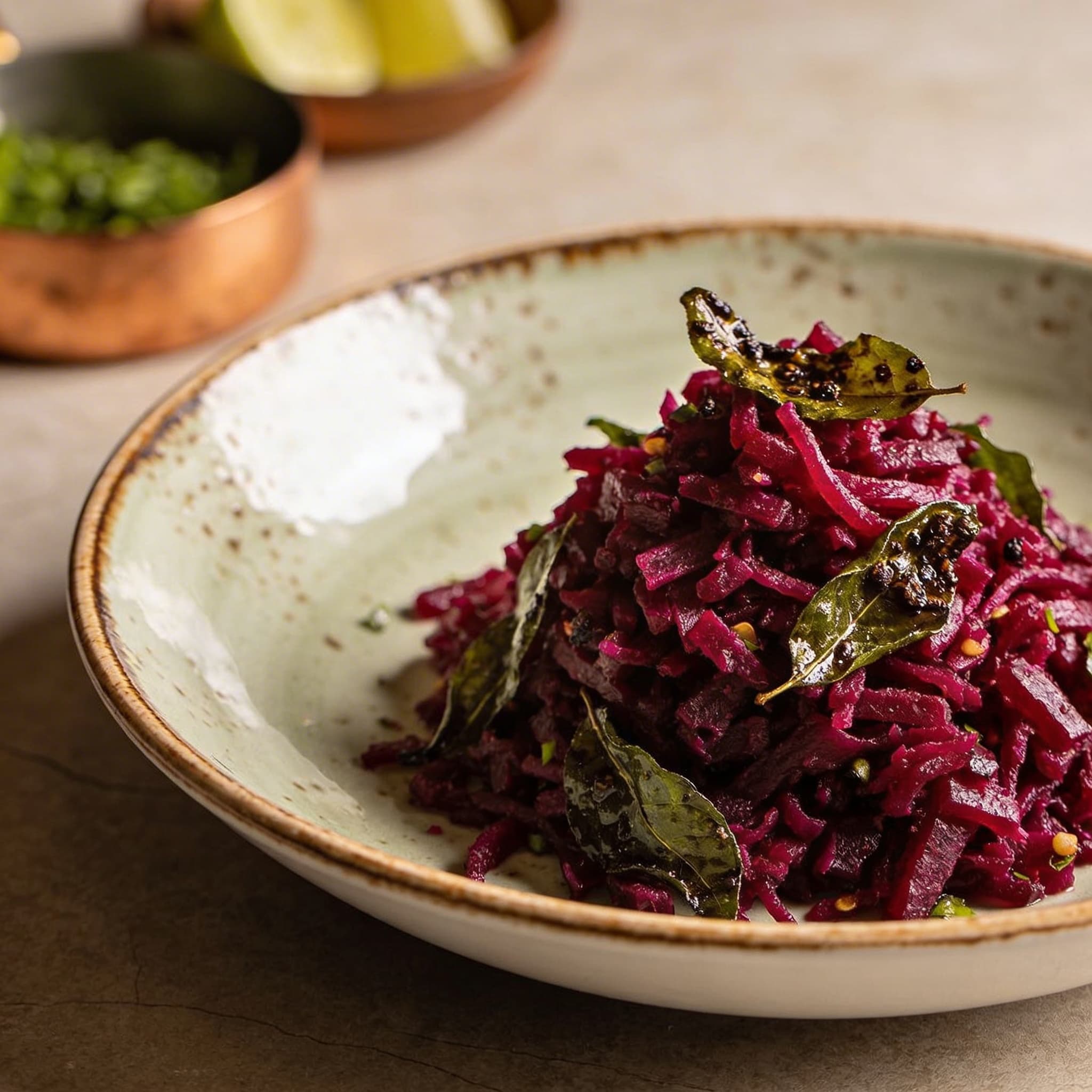 Ruby Beetroot Thoran with Blistered Curry Leaves
