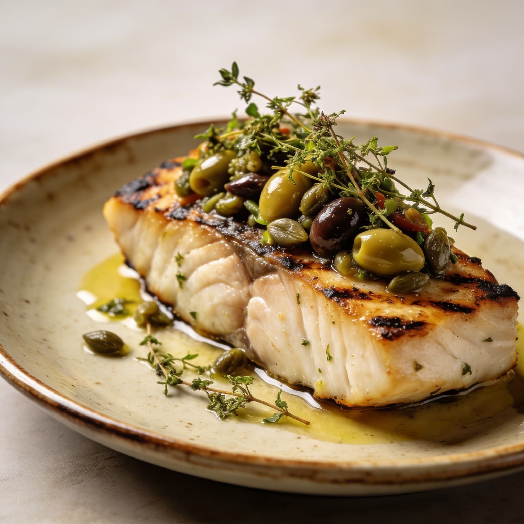 Charred Mediterranean Swordfish with Wild Oregano & Olive Salad
