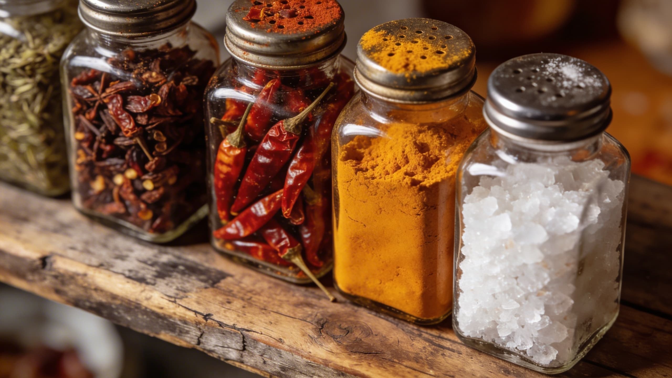 A collection of spice jars containing dried malagueta peppers, turmeric, and sea salt arranged on a rustic wooden counter.