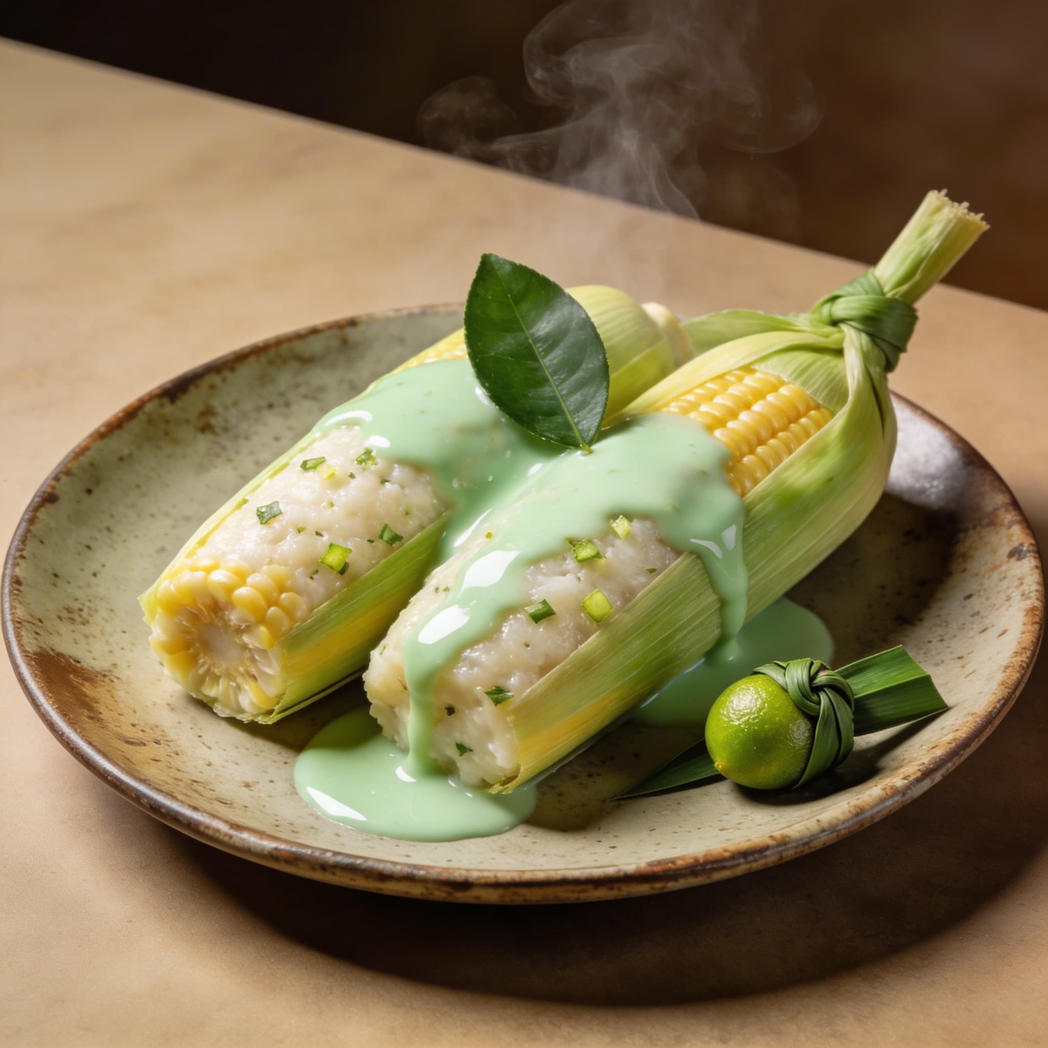 Kaffir Lime & Sweet Corn Tamales with Pandan Glaze