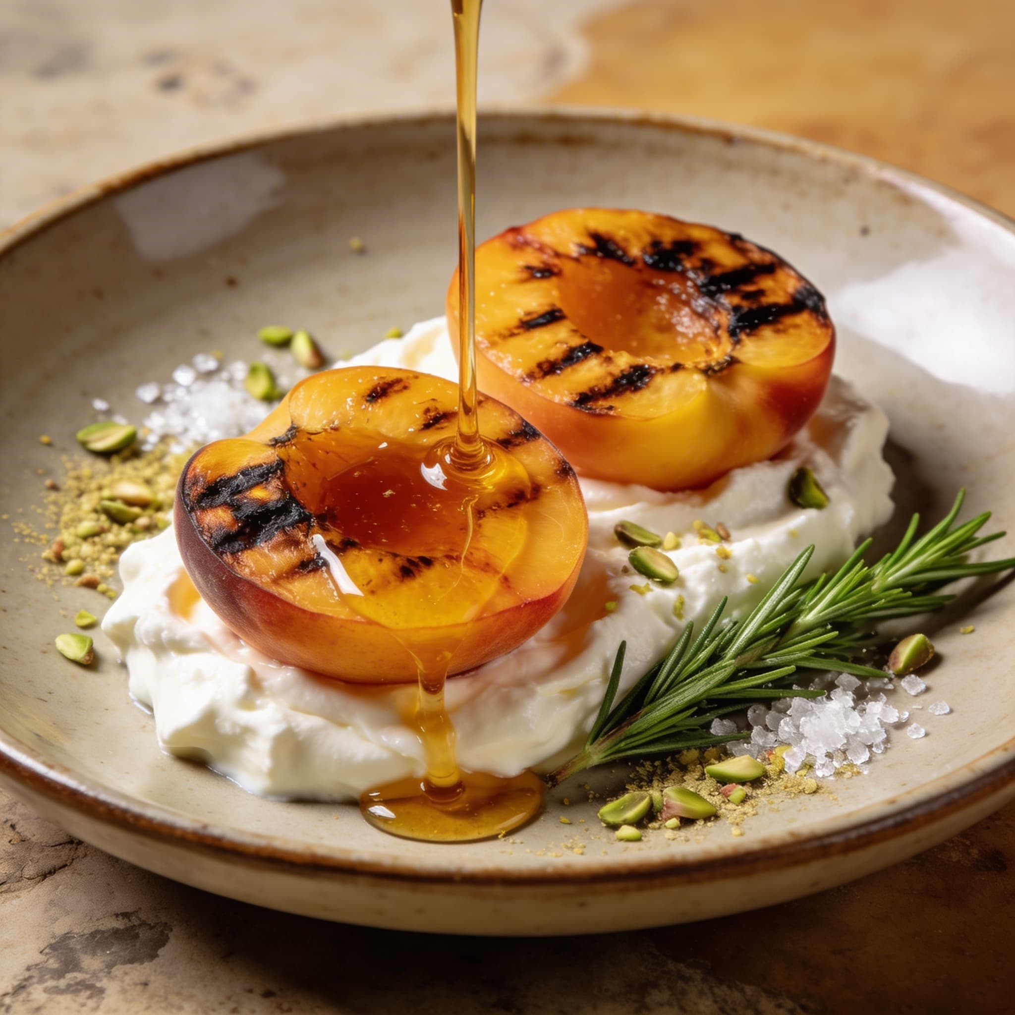 Hearth-Charred Peaches with Rosemary Honey & Whipped Goat Cheese