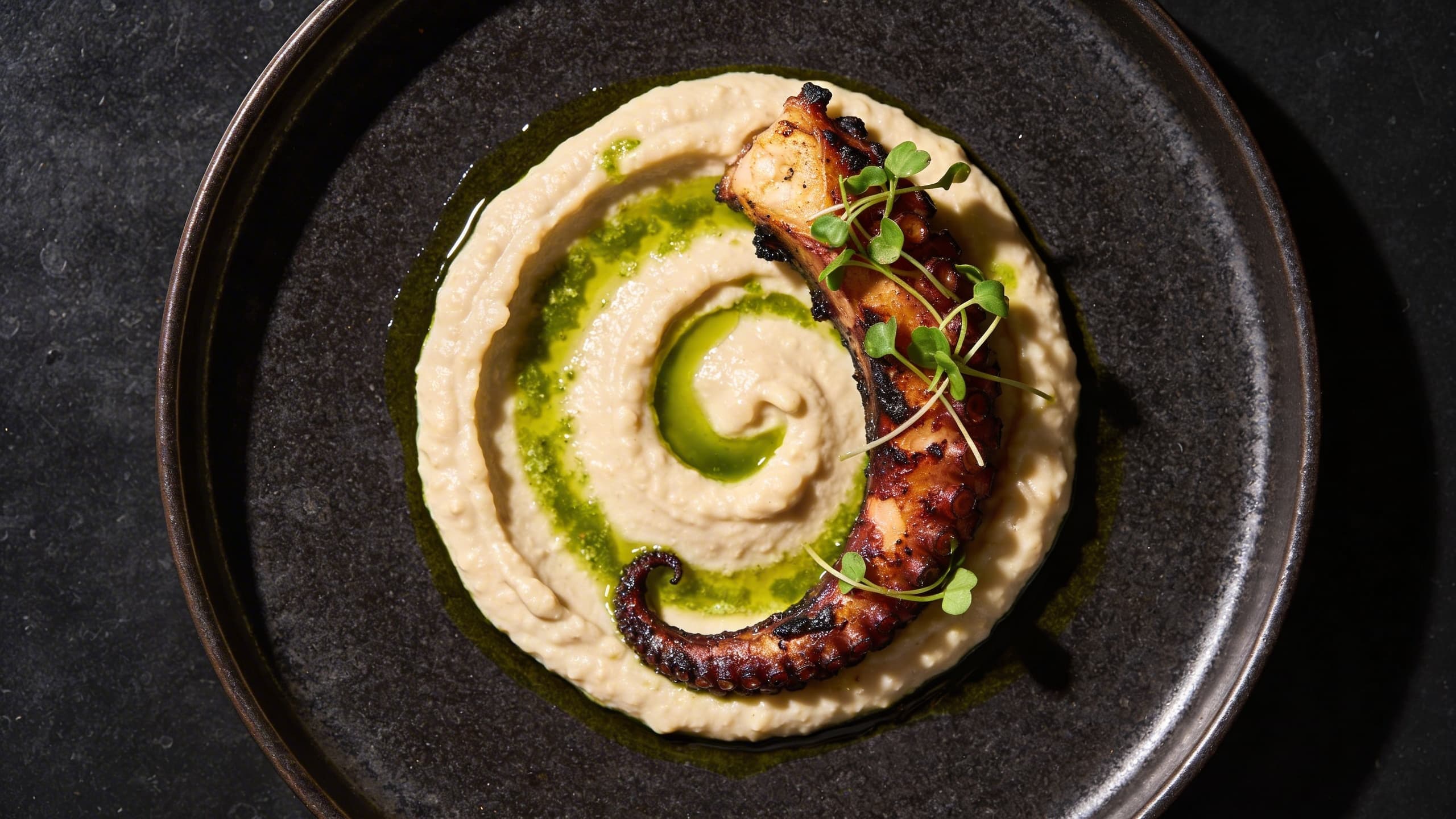 Image 2: An artistic overhead shot of a vibrant, creamy white bean purée swirl on a dark ceramic plate, drizzled with emerald herb oil and topped with a single charred tentacle.