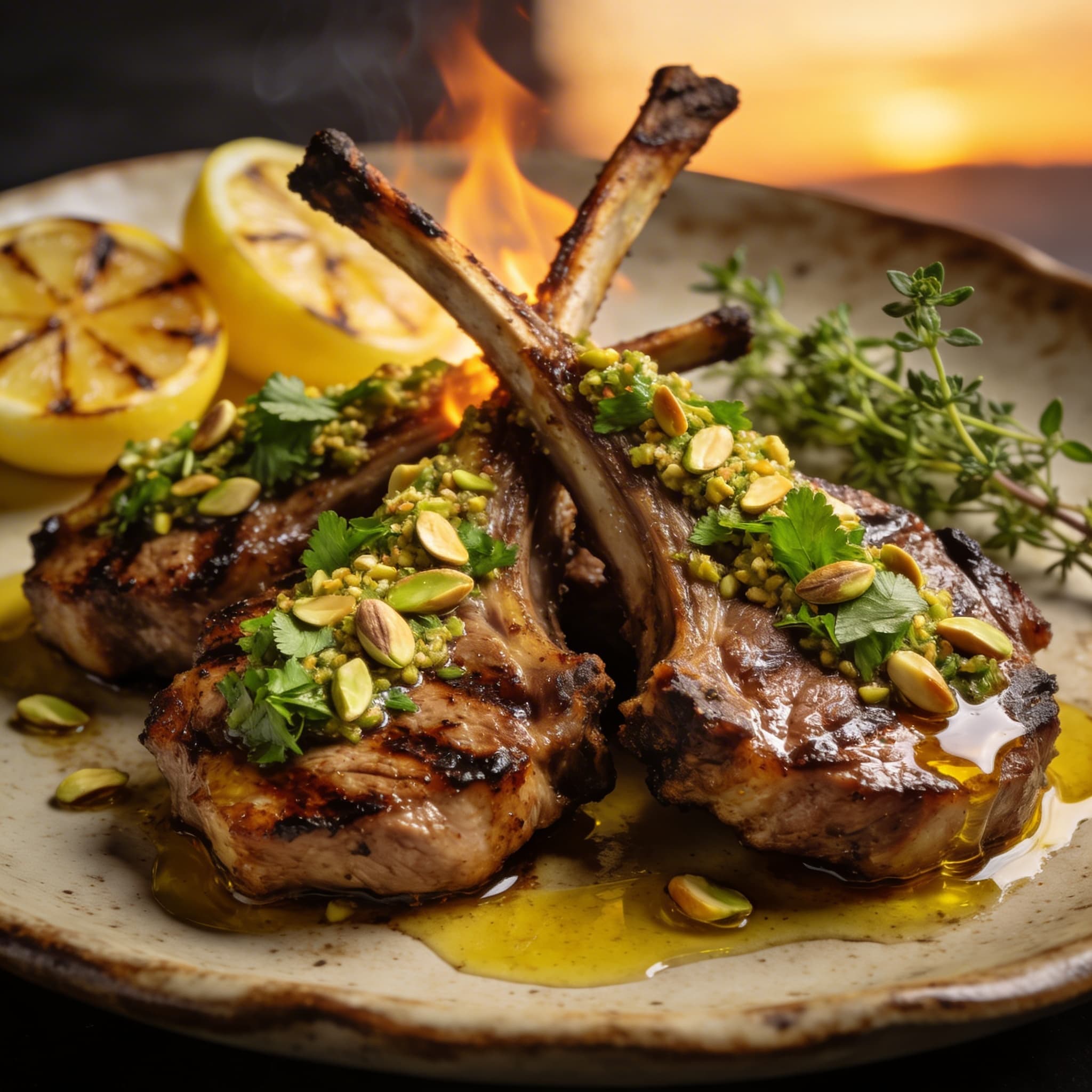 Flame-Grilled Lamb Chops with Pistachio Mint Gremolata