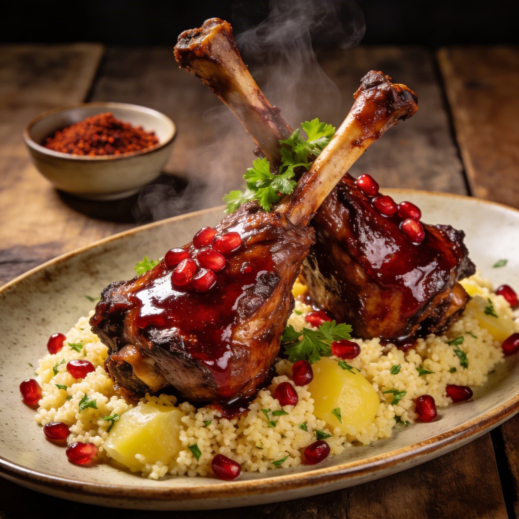 Pomegranate-Glazed Smoked Lamb Shanks with Sumac Rub