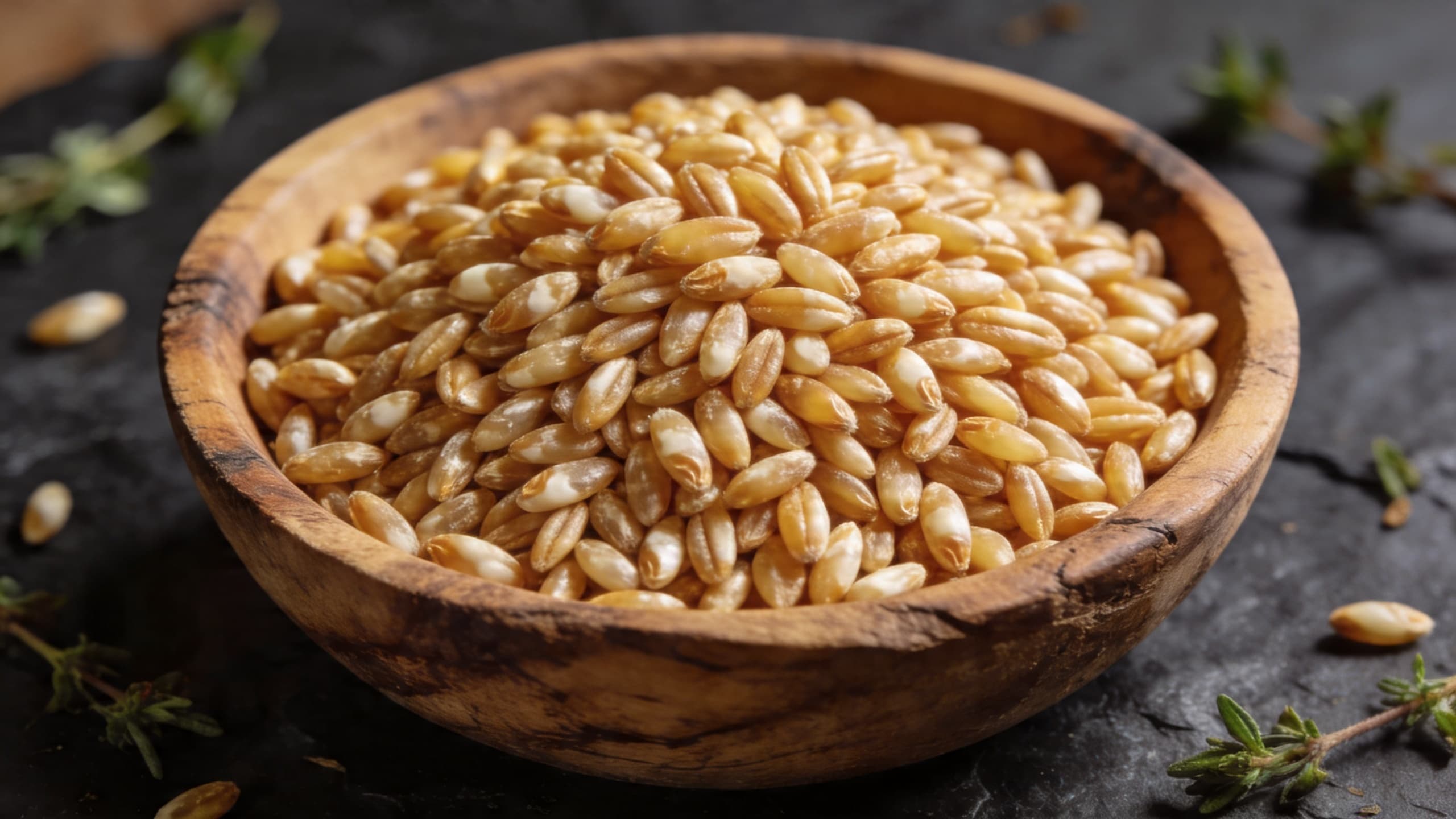 A rustic wooden bowl filled with raw, pearled farro grains, highlighting their golden-brown hue and textured surface.