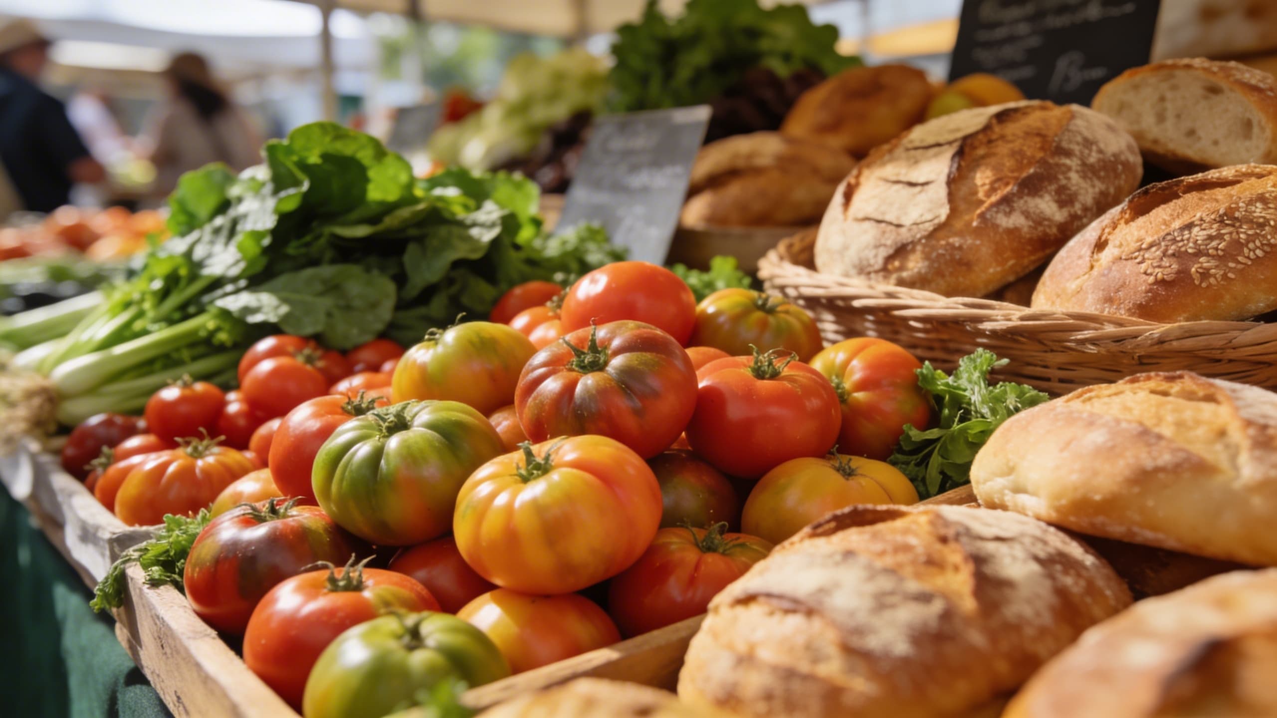 Image 3: A vibrant local farmers' market stall overflowing with seasonal produce like heirloom tomatoes, leafy greens, and artisanal breads, captured in warm morning light.