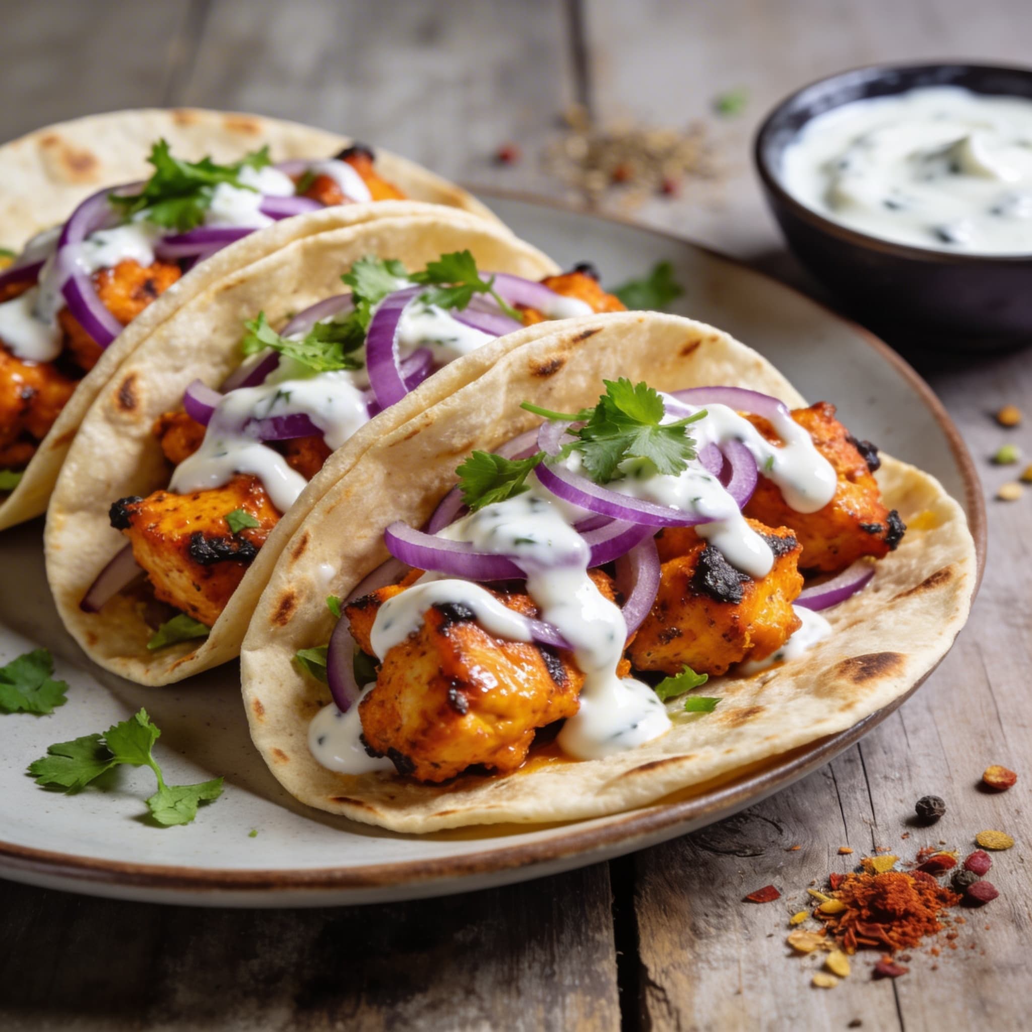 Chicken Tikka Tacos with Cooling Raita Sauce
