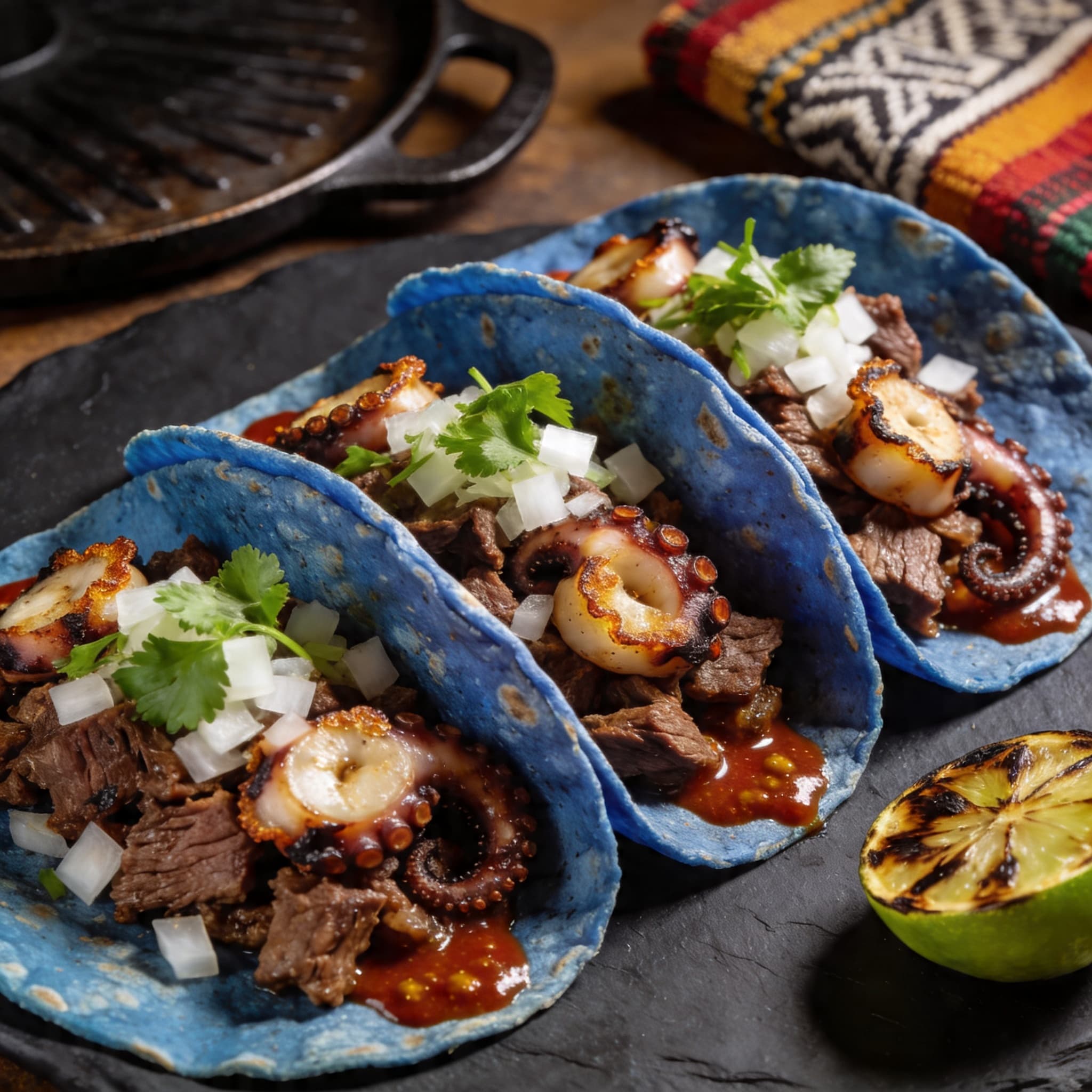 Smoked Brisket & Charred Octopus Blue Corn Tacos
