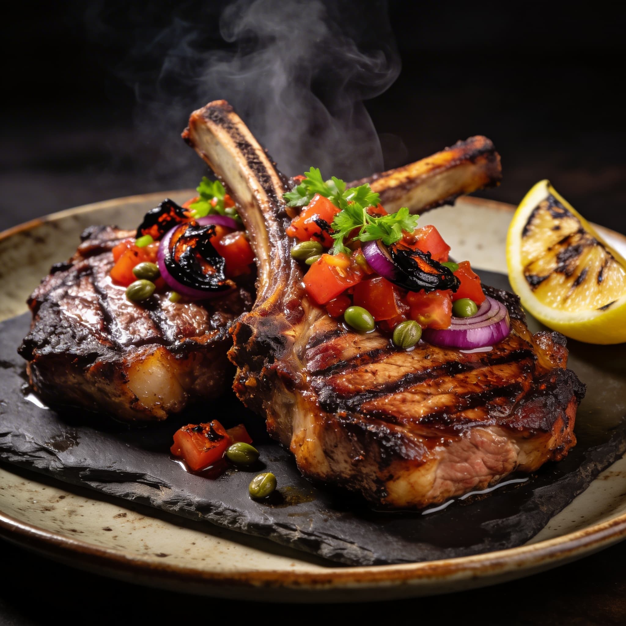 Hickory-Smoked Pork Chops with Charred Tomato Salsa