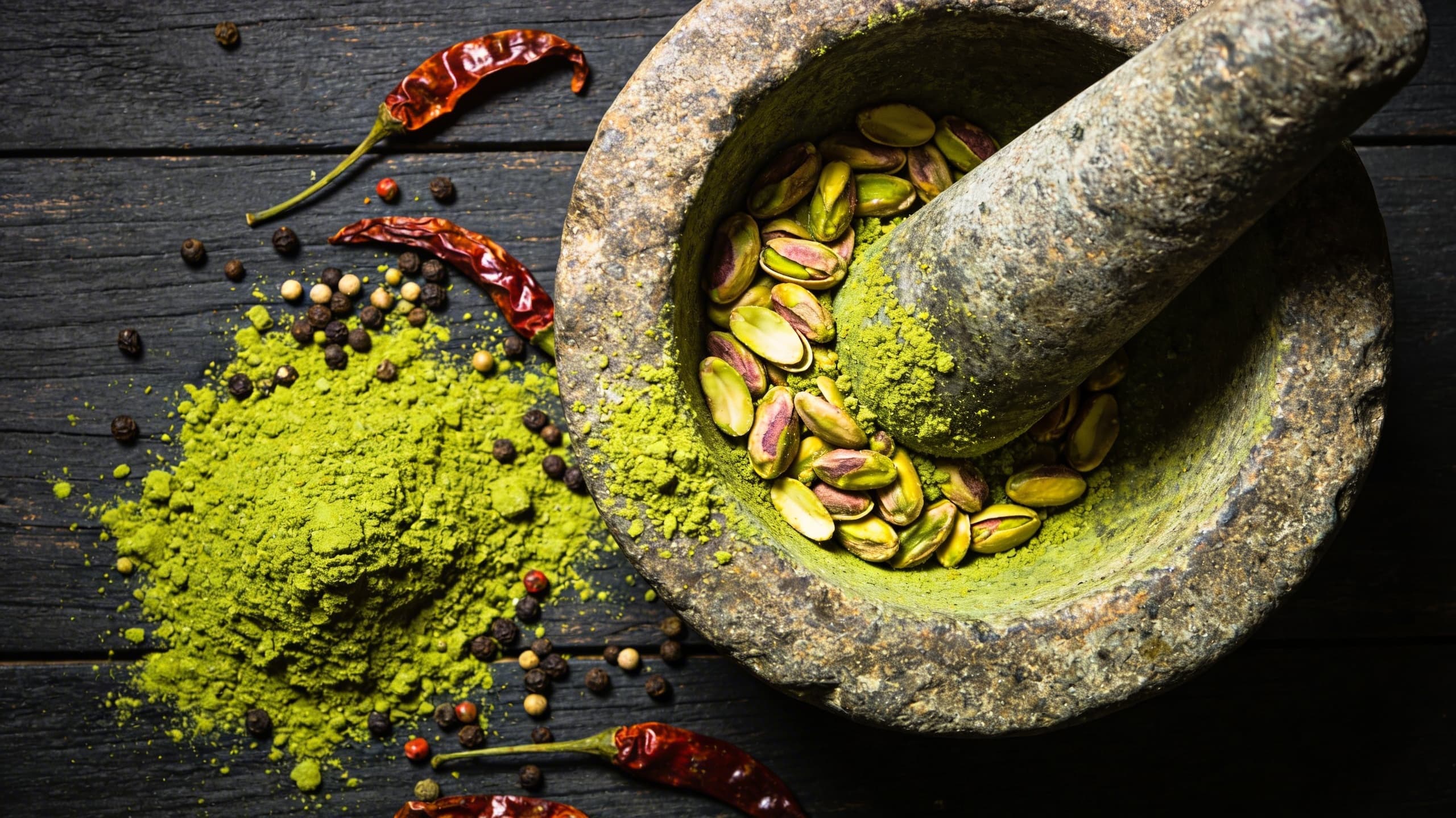 A rustic stone mortar and pestle grinding toasted Sicilian pistachios into a coarse, vibrant green powder, scattered with dried chilies and peppercorns.