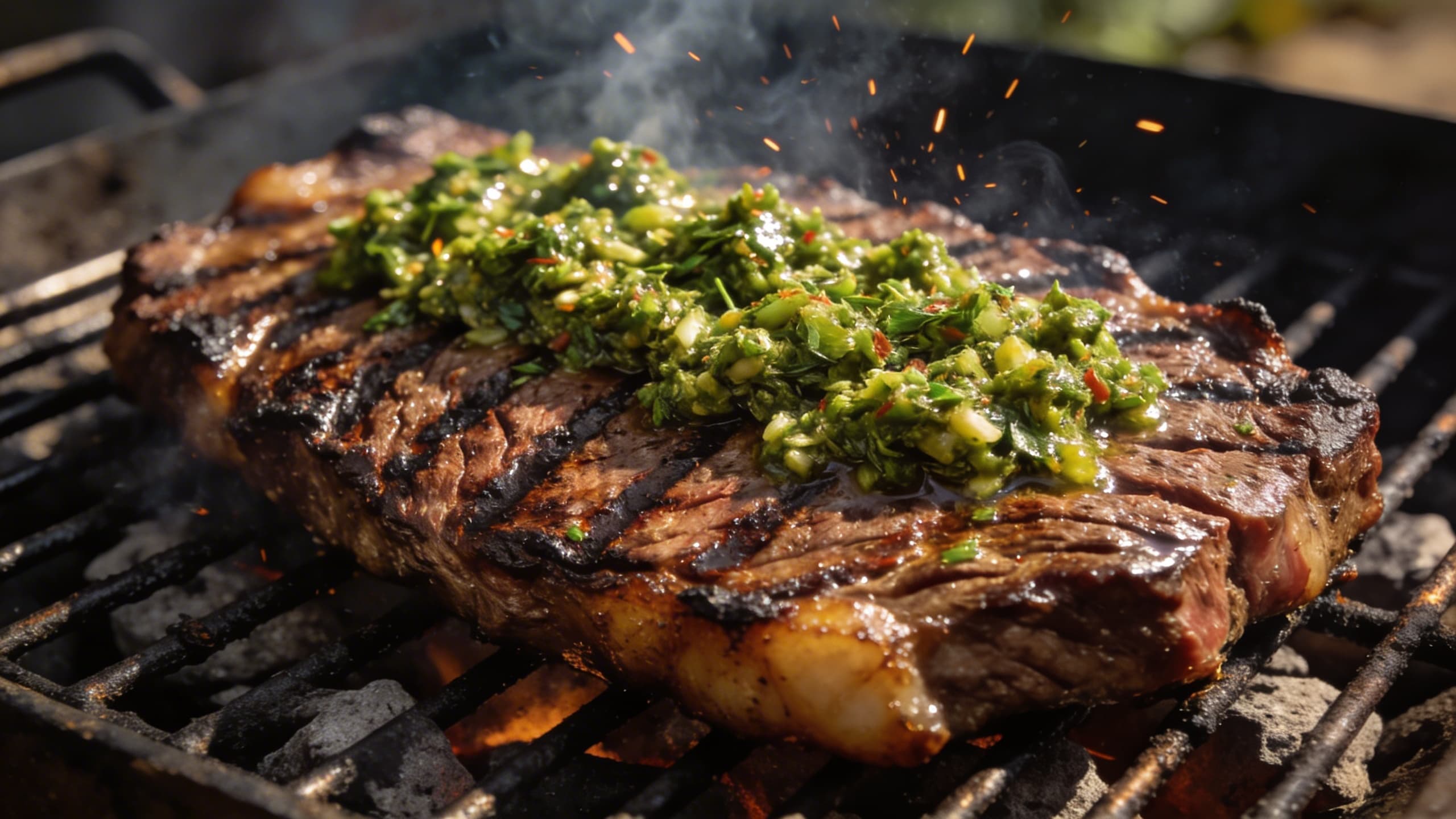 A sizzling skirt steak on a charcoal grill, perfectly charred with deep grill marks, being topped with a vibrant, coarse-textured green gremolata that glistens under the heat.