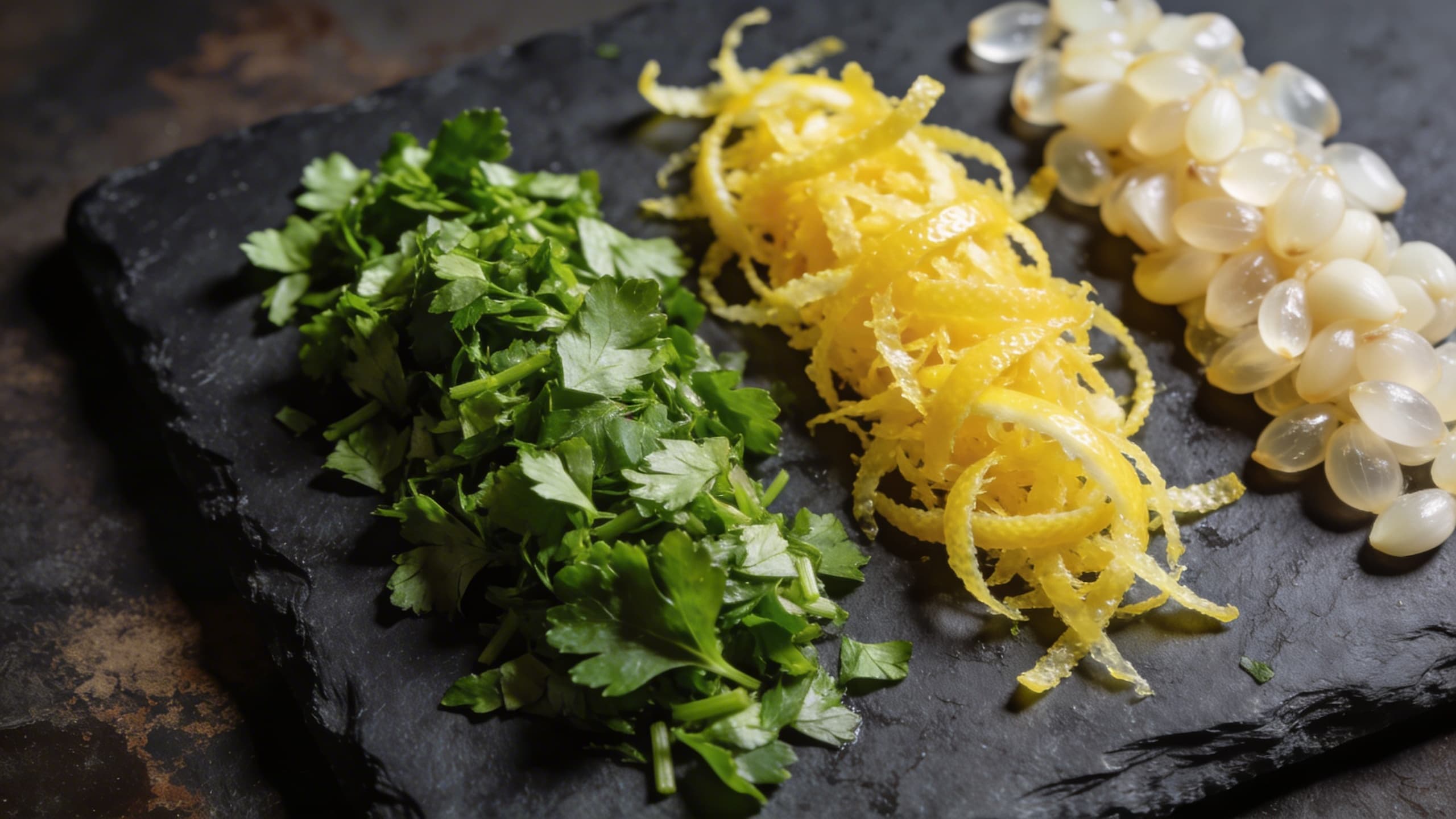 Fresh gremolata close-up: A macro shot of hand-minced flat-leaf parsley, bright yellow lemon zest, and tiny translucent gems of garlic on a dark slate board.