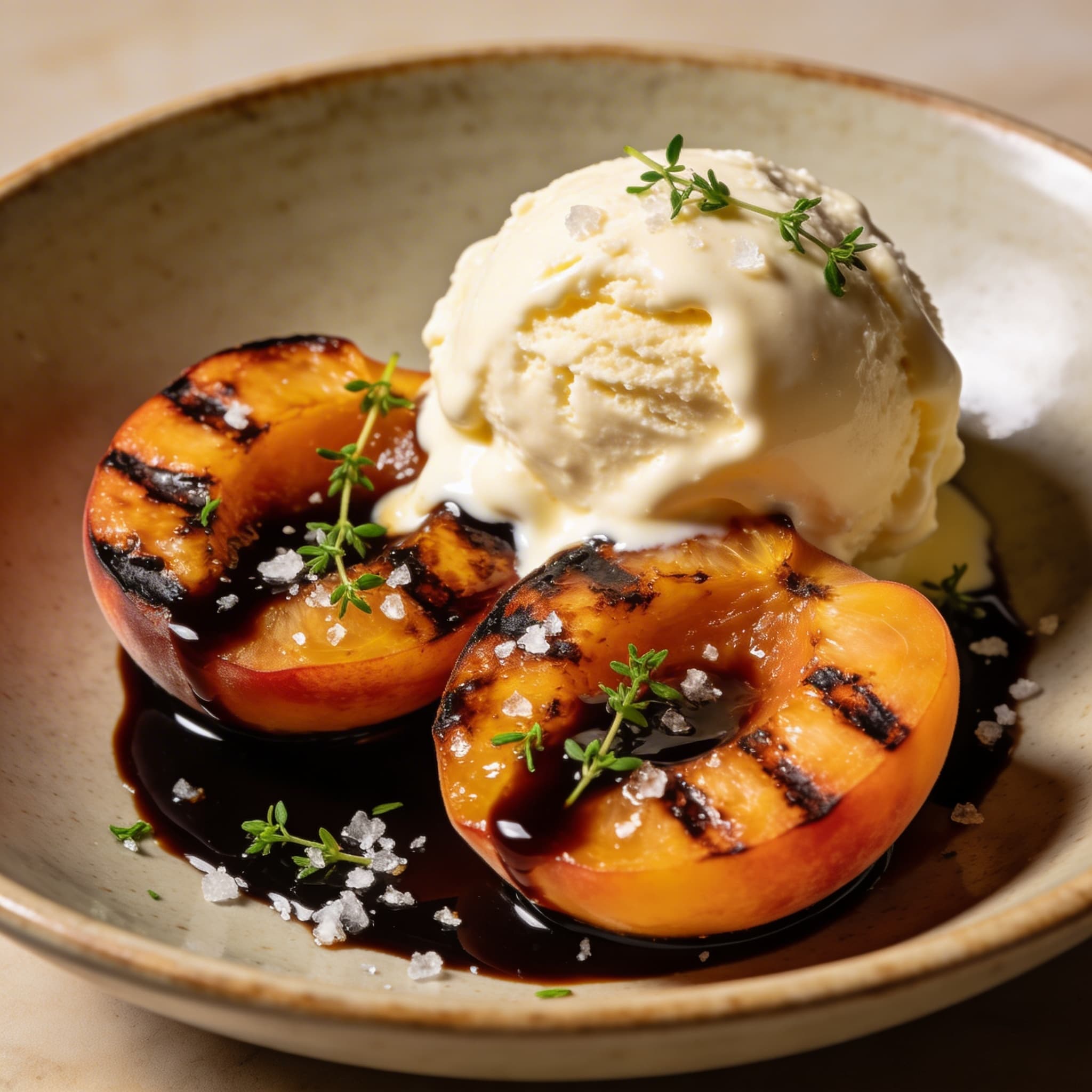 Hearth-Charred Peaches with Balsamic-Honey Glaze & Gelato