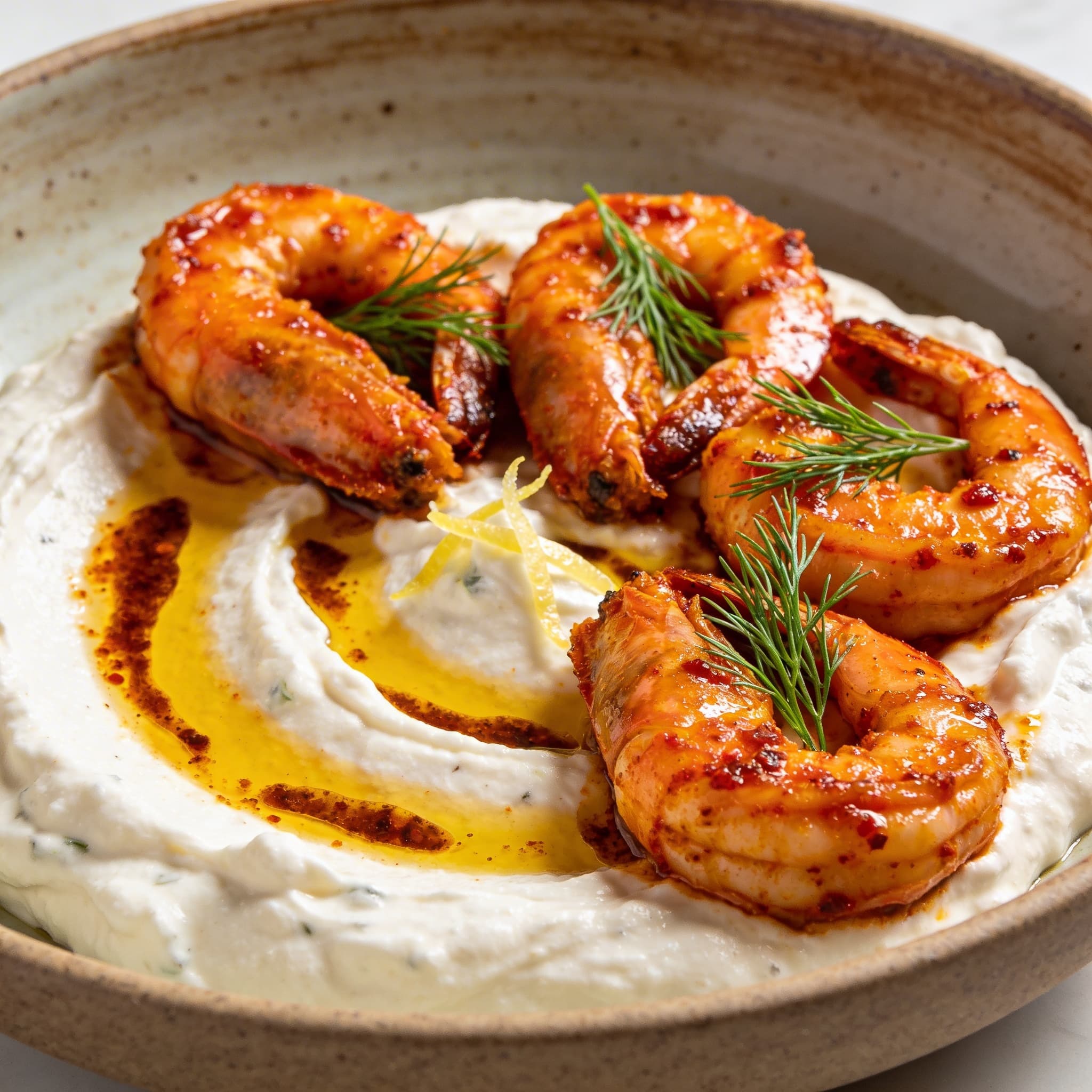 Hearth-Seared Aleppo Shrimp over Whipped Garlic Yogurt