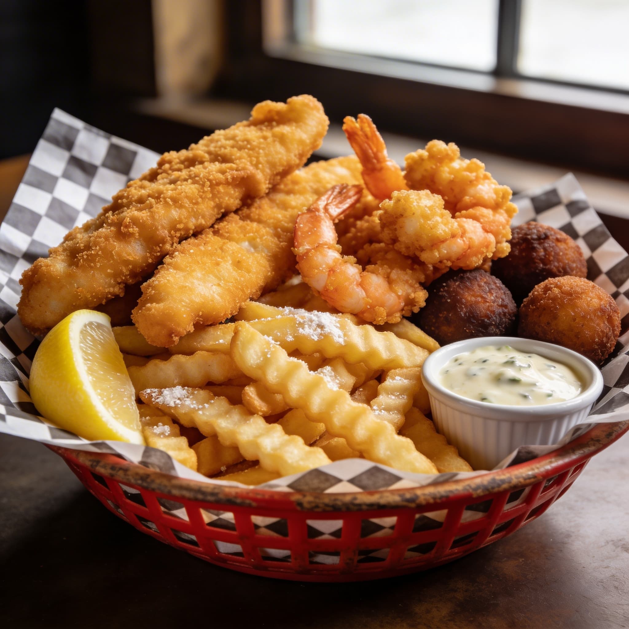 Southern Fried Seafood Basket with Hush Puppies
