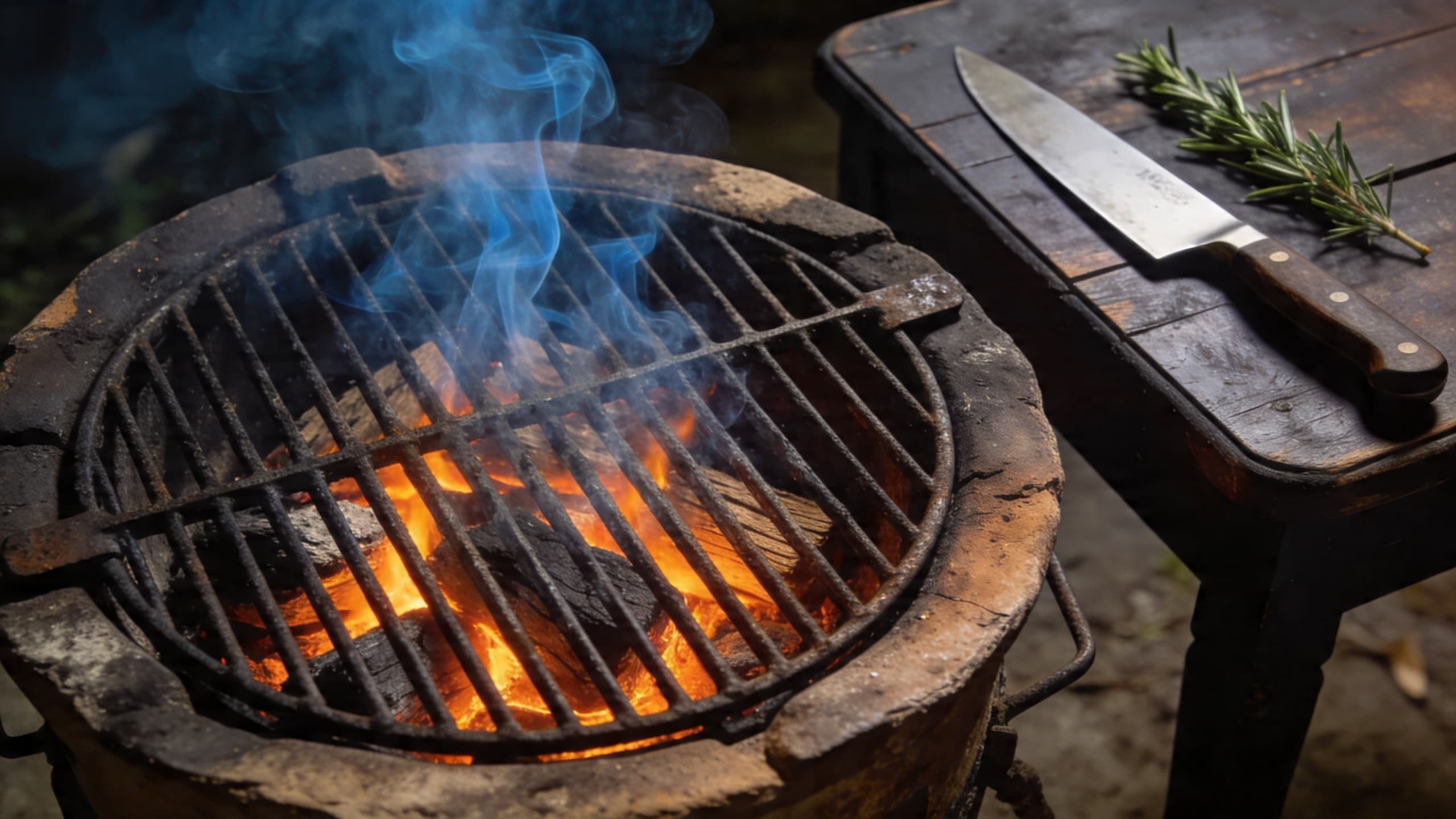 A perfectly managed grill setup with a thin veil of blue smoke rising over glowing embers.