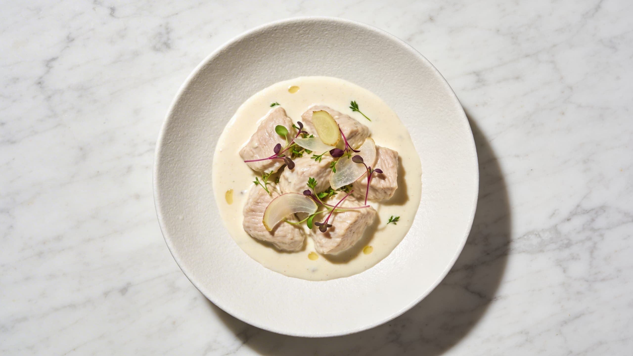 Image 2: A beautifully plated Blanquette de Veau, the sauce a perfect ivory white, garnished with micro-herbs and thin, translucent slices of galangal, looking elegant and refined.