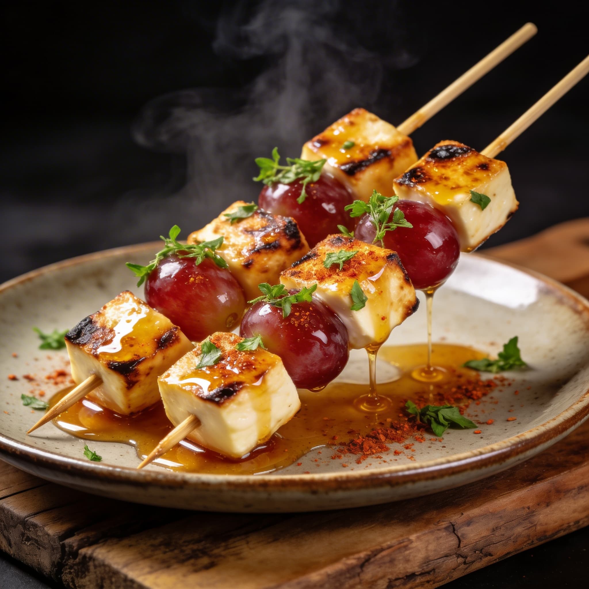 Charred Halloumi and Blistered Grape Skewers