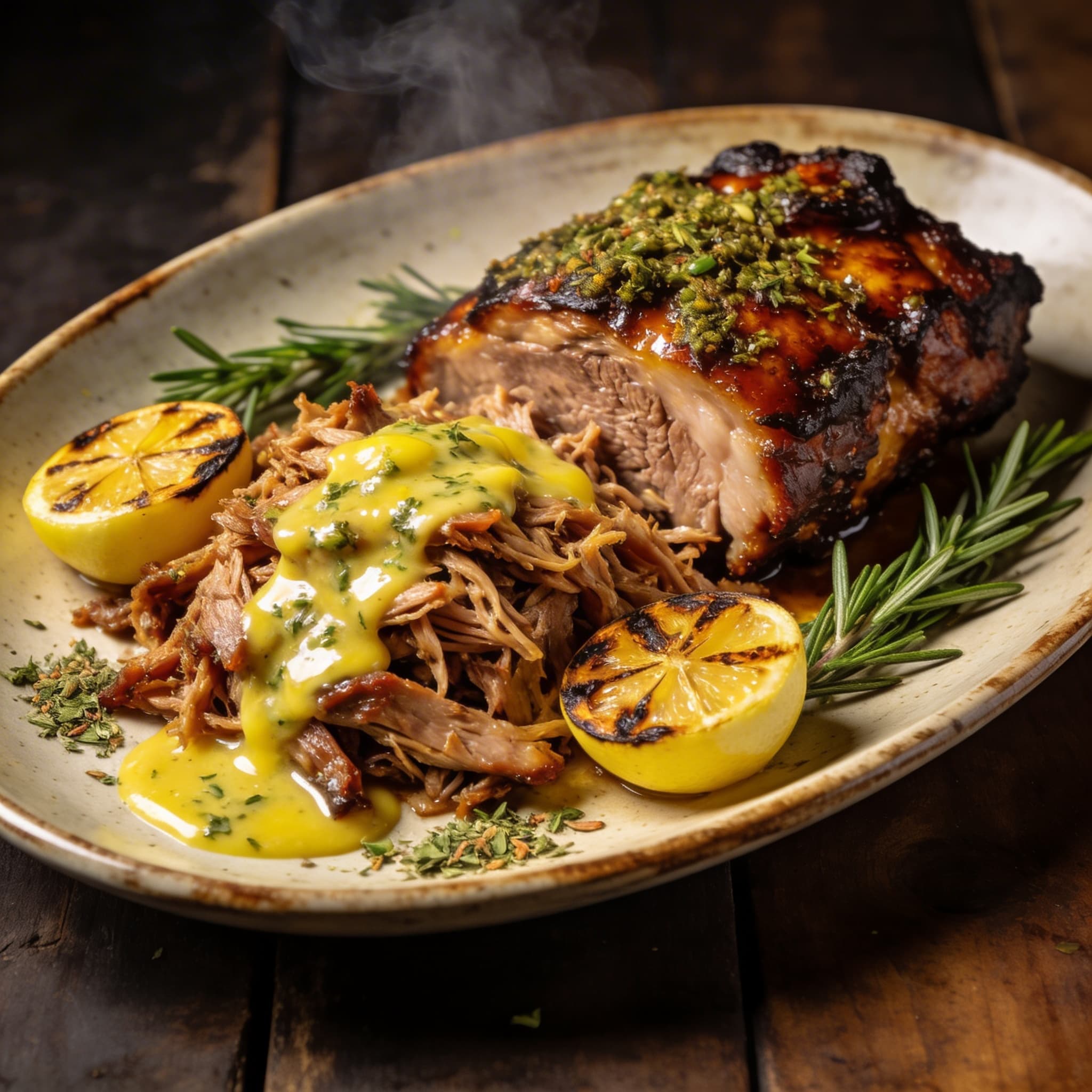 Smoked Aegean Pulled Pork with Lemon-Herb Mop Sauce