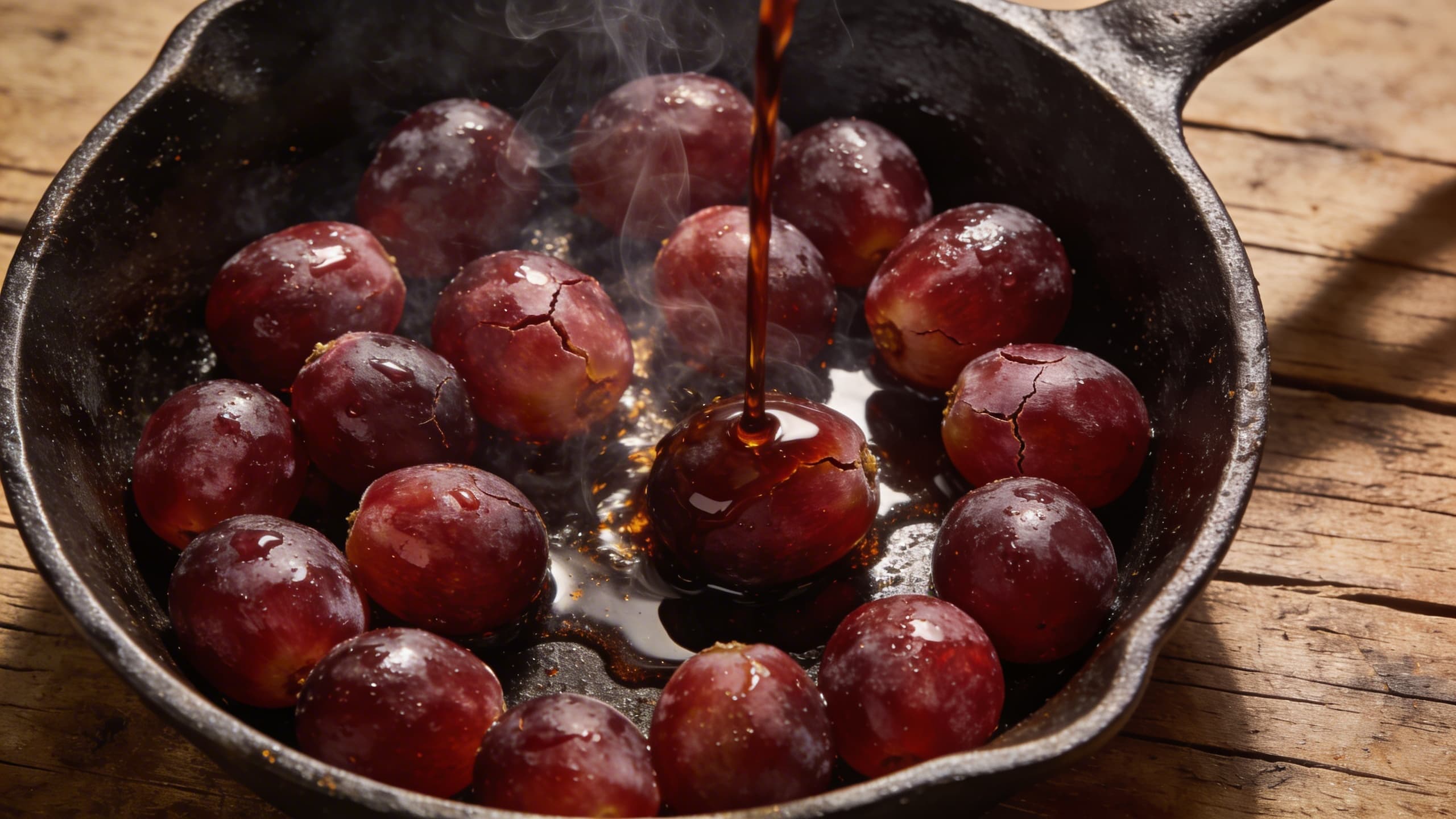 Image 1: A close-up of red seedless grapes glistening and cracking in a hot cast-iron skillet, with wisps of balsamic steam rising.