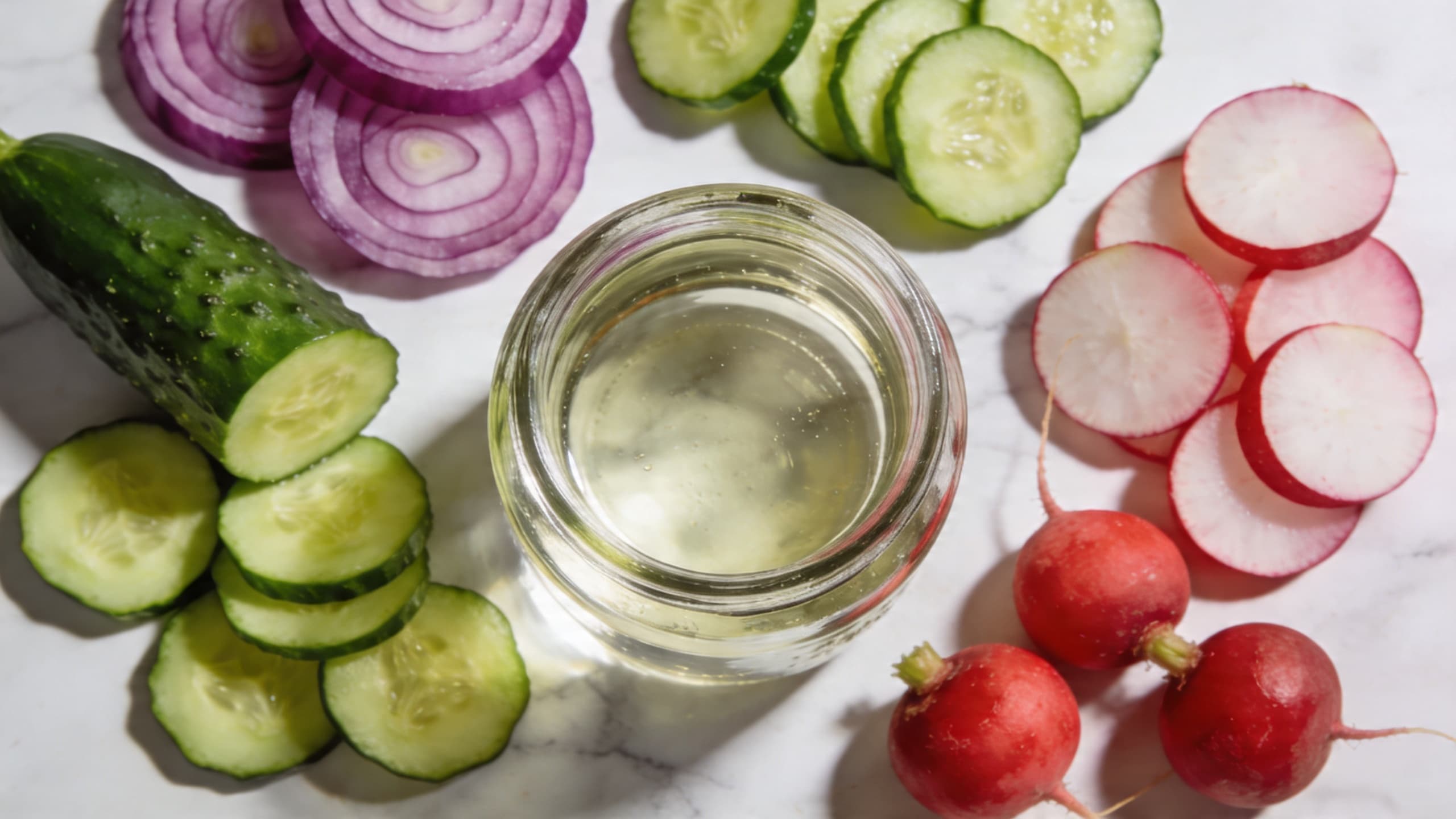 Image 1: A vibrant spread of sliced cucumbers, red onions, and radishes next to a jar of clear pickling brine