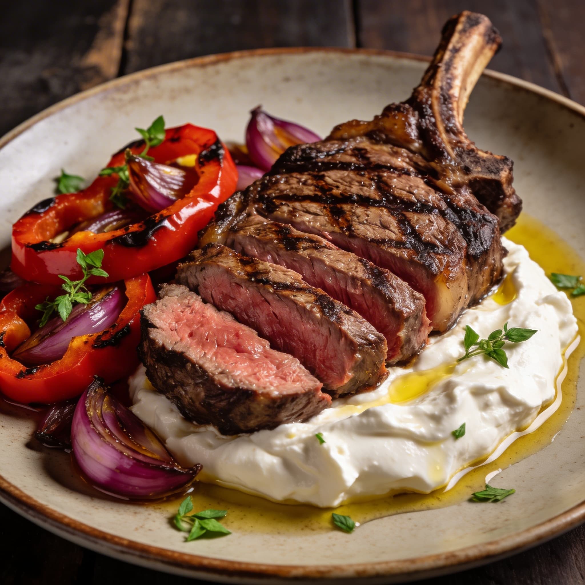 Hickory-Seared Ribeye with Whipped Feta & Charred Aegean Veggies