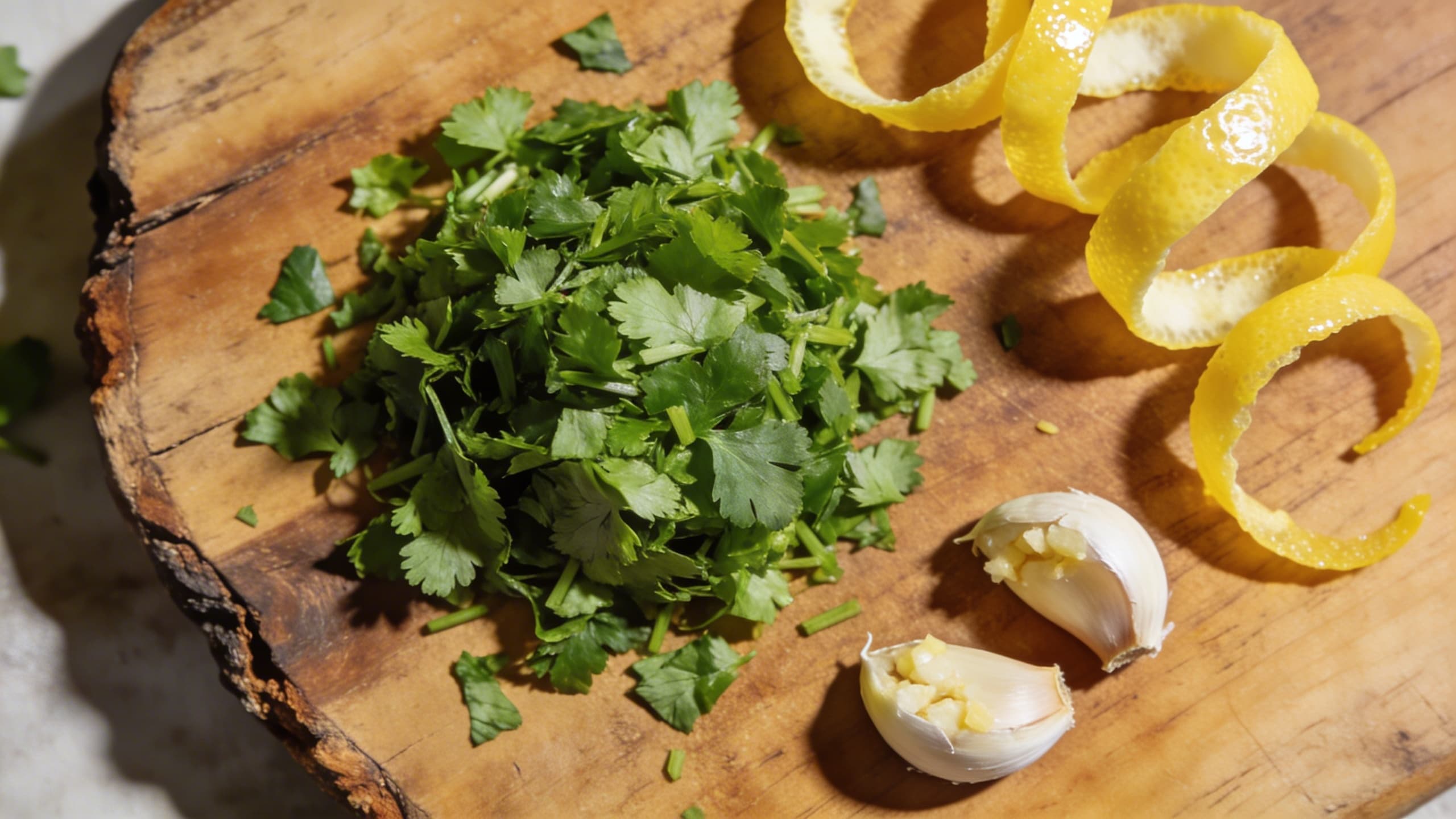The classic Roman triad: fresh flat-leaf parsley, pungent garlic, and bright lemon zest on a rustic wooden board.