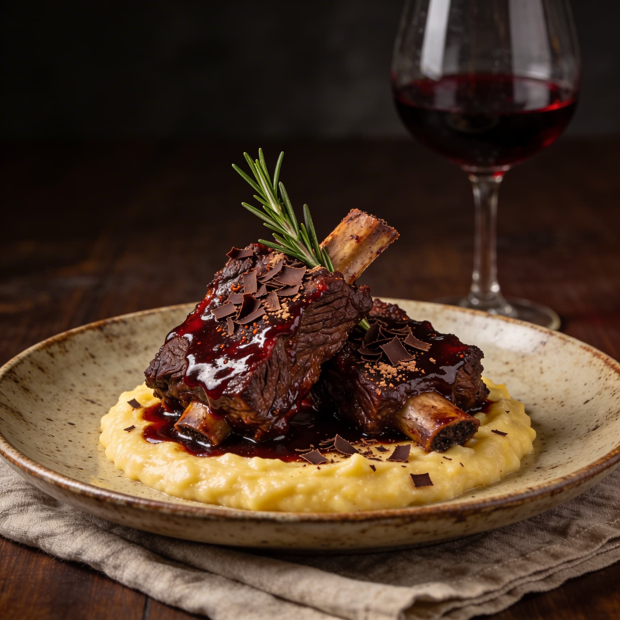 Brasato al Vino Rosso with Chipotle-Chocolate Glaze and Creamy Polenta