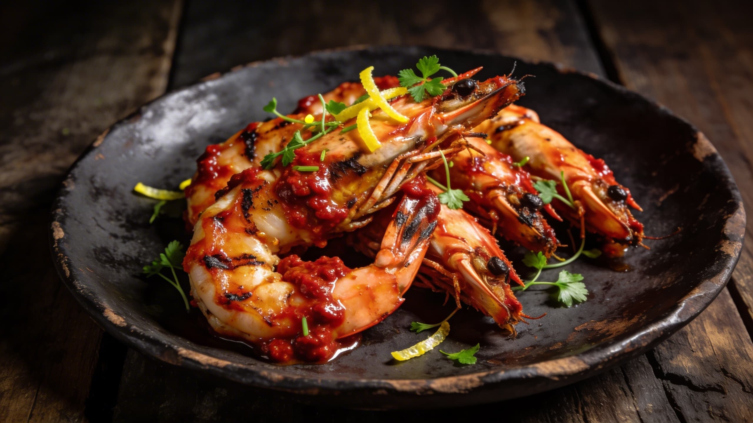 A close-up of jumbo shrimp charred to perfection, coated in a glossy, vibrant red 'nduja butter and garnished with micro-parsley.