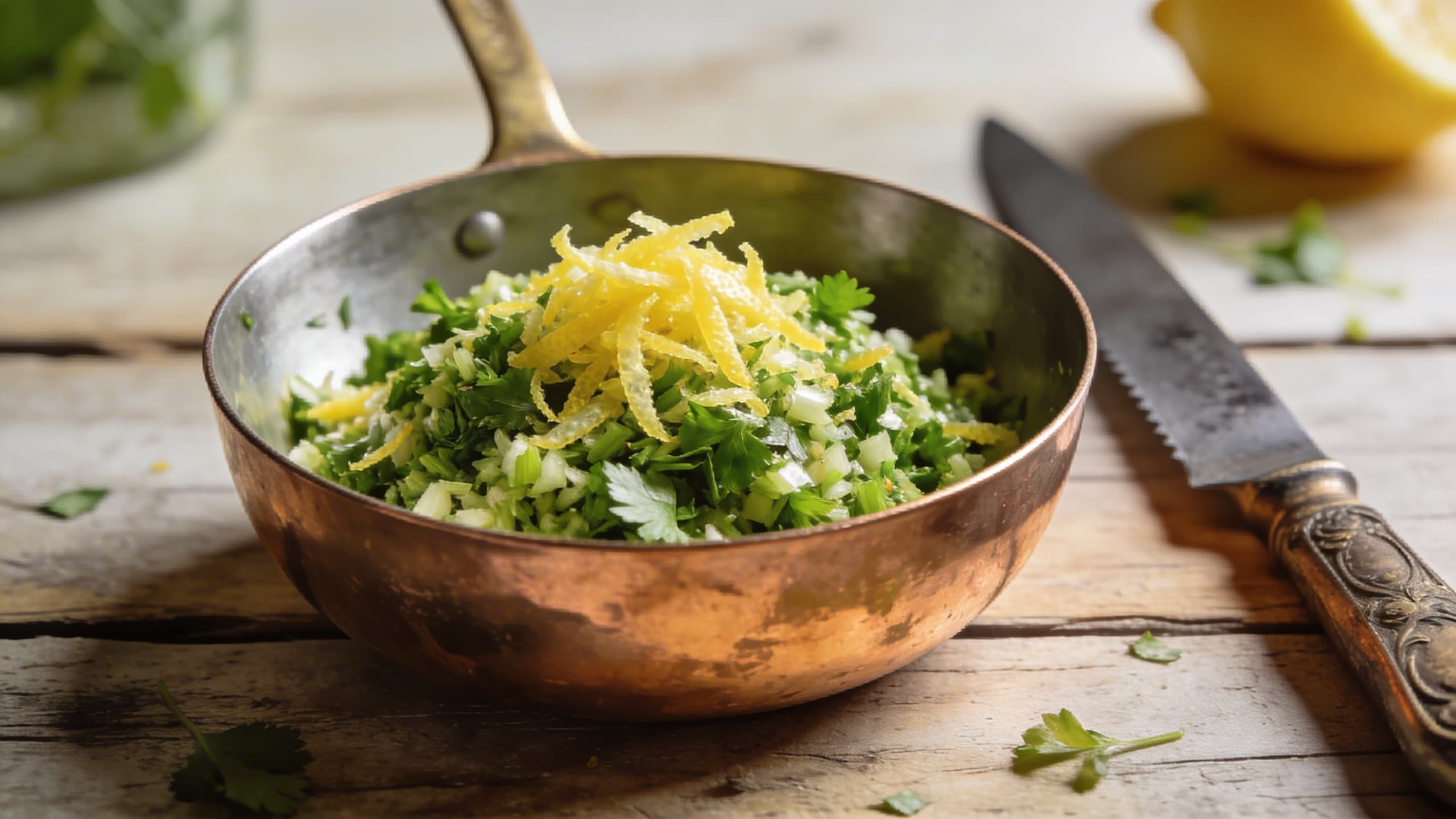 A vibrant, hand-chopped traditional gremolata resting in a copper bowl, highlighting the texture of the lemon zest and parsley.
