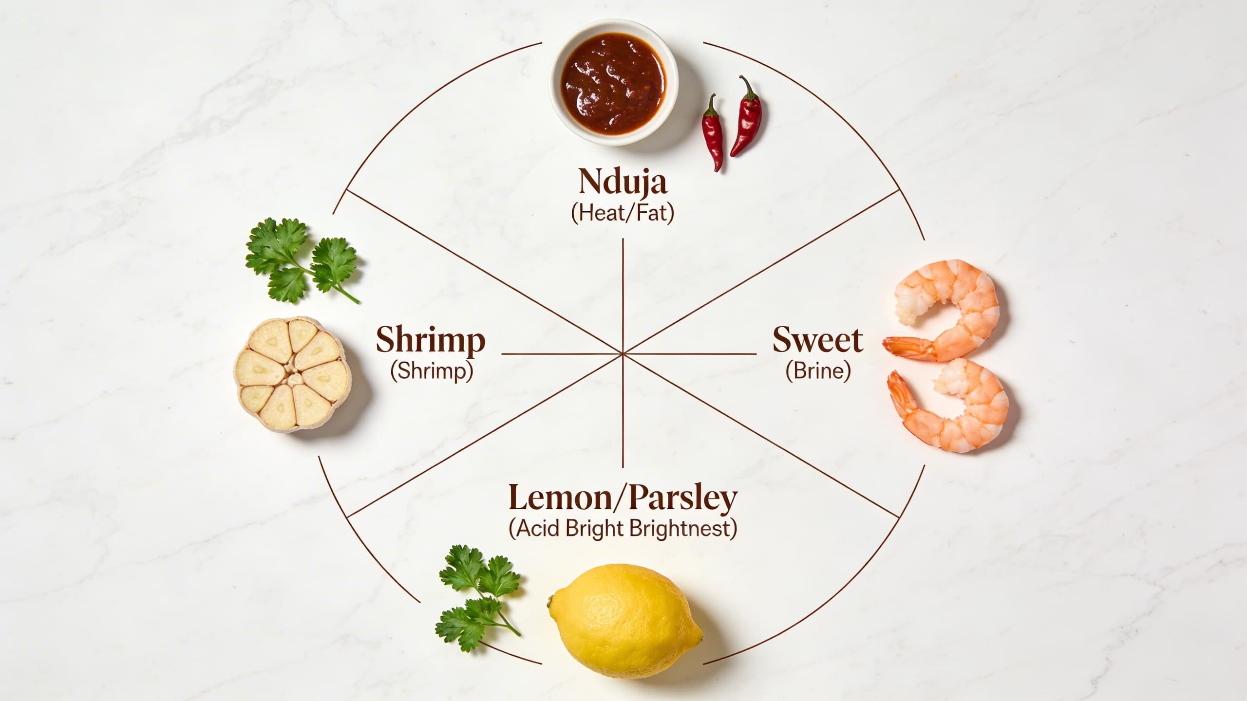 A flavor balance diagram showing the intersection of 'Nduja (Heat/Fat), Shrimp (Sweet/Brine), and Lemon (Acid/Brightness).