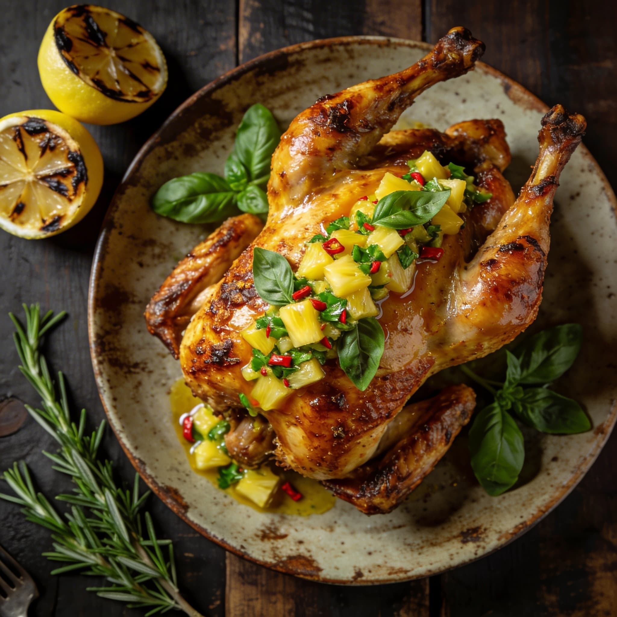 Roman Roasted Capon with Pineapple-Holy Basil Chimichurri