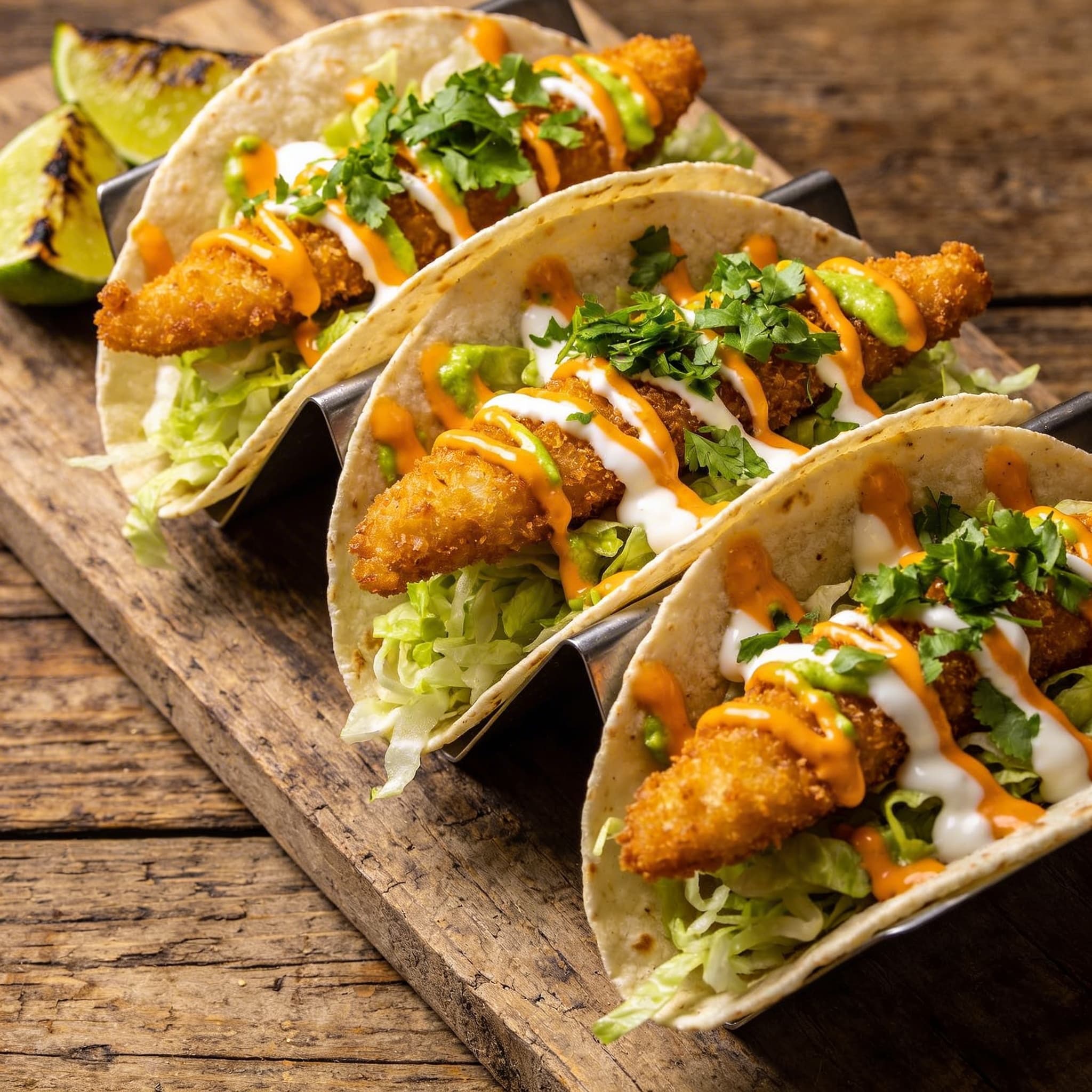 Zesty Buffalo Fried Fish Tacos with Lime Crema