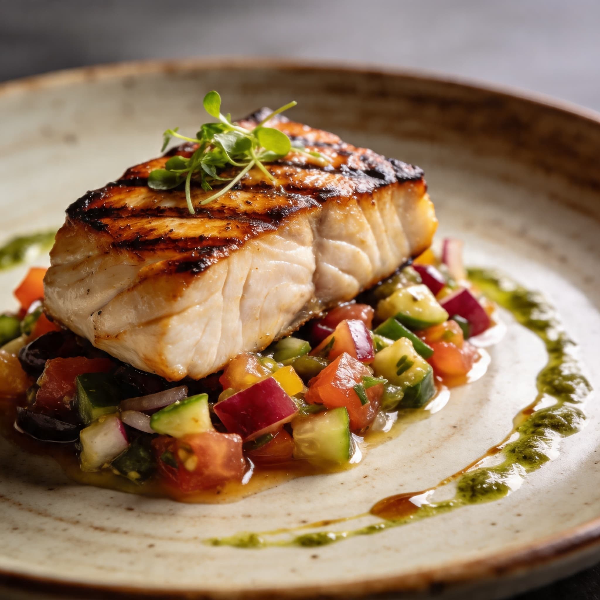 Hickory-Smoked Swordfish with Mediterranean Salsa