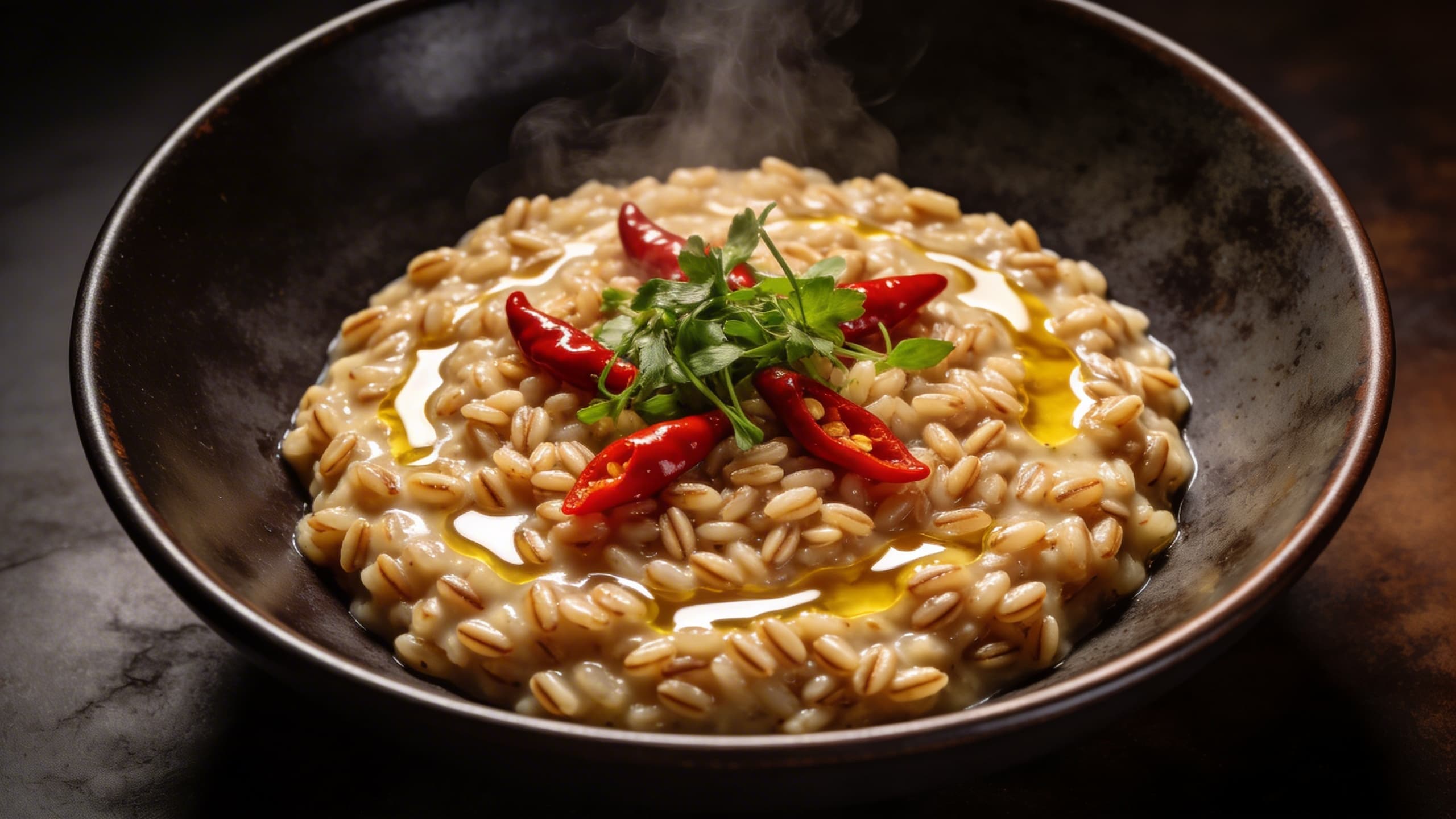 A vibrant, close-up shot of a creamy farro risotto (farrotto) flecked with bright red Malagueta peppers and fresh green herbs.