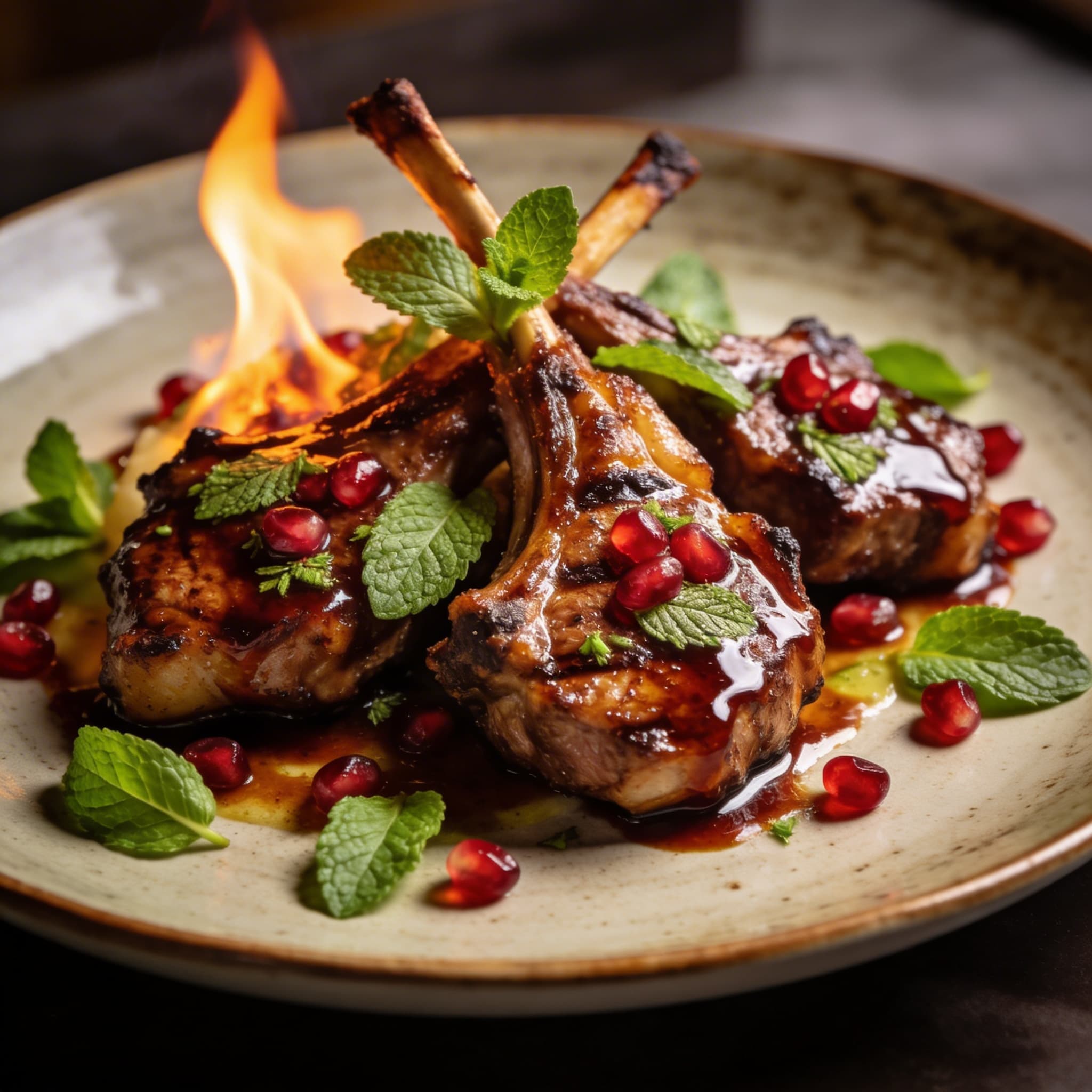 Flame-Kissed Mediterranean Lamb with Pomegranate-Mint Lacquer