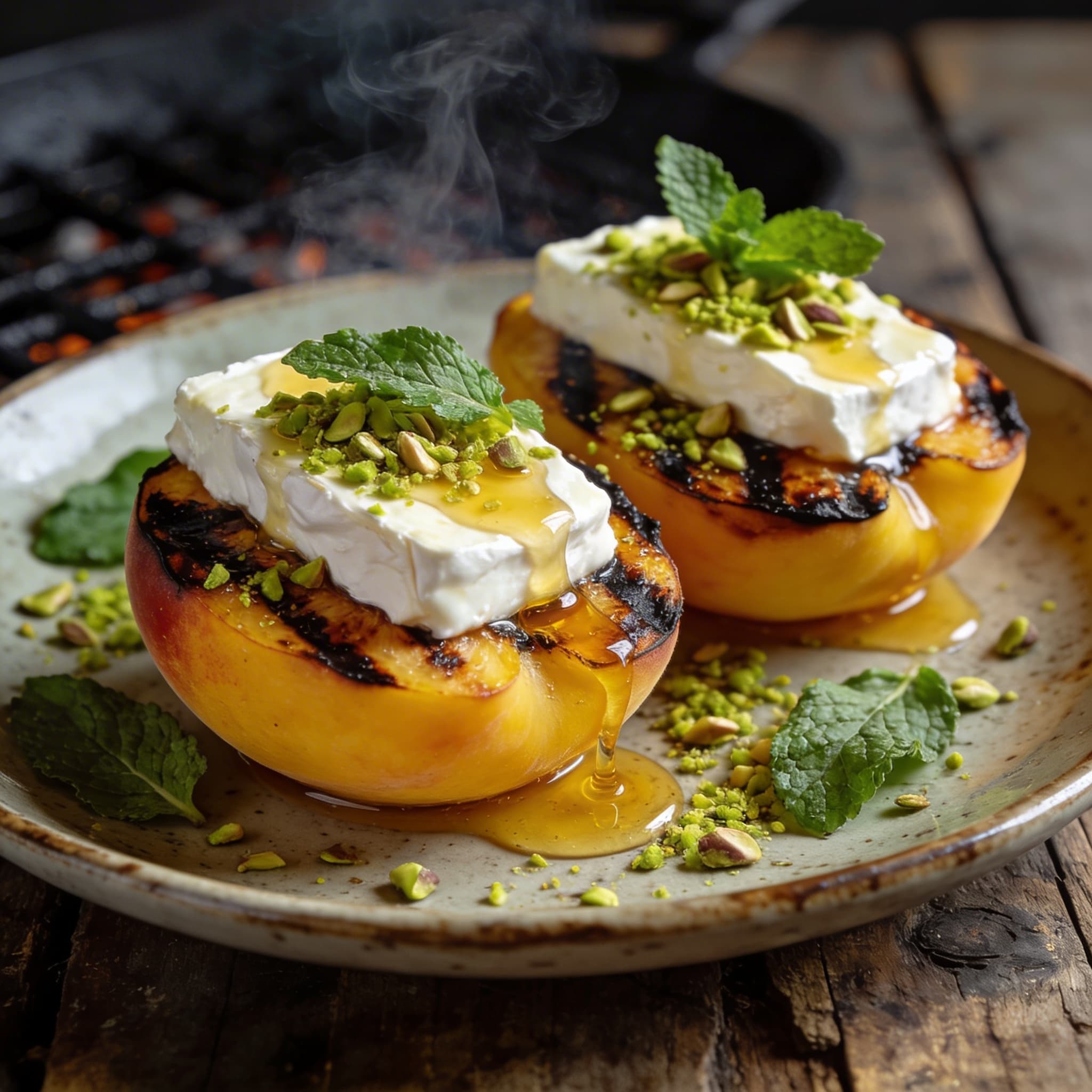 Smoked Peaches with Manouri and Pistachio Honey