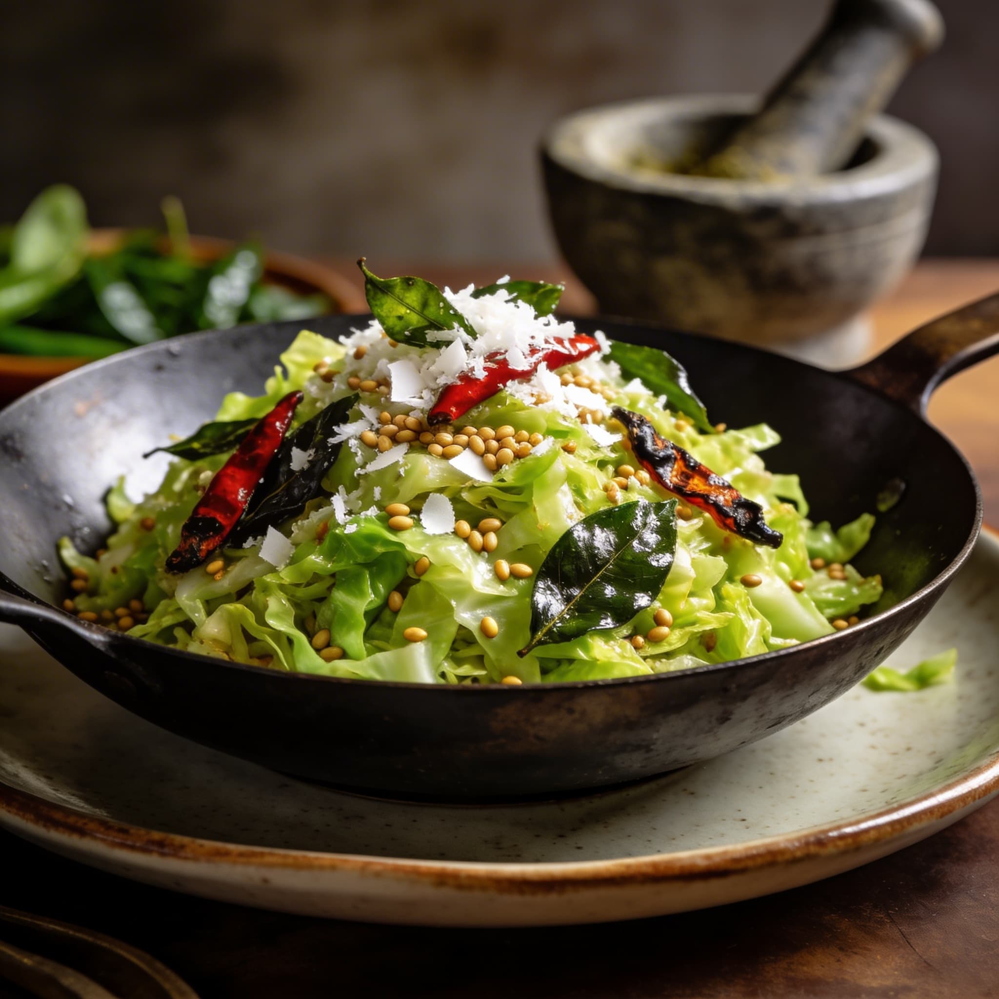 Wok-Fired Cabbage Poriyal with Blistered Curry Leaves